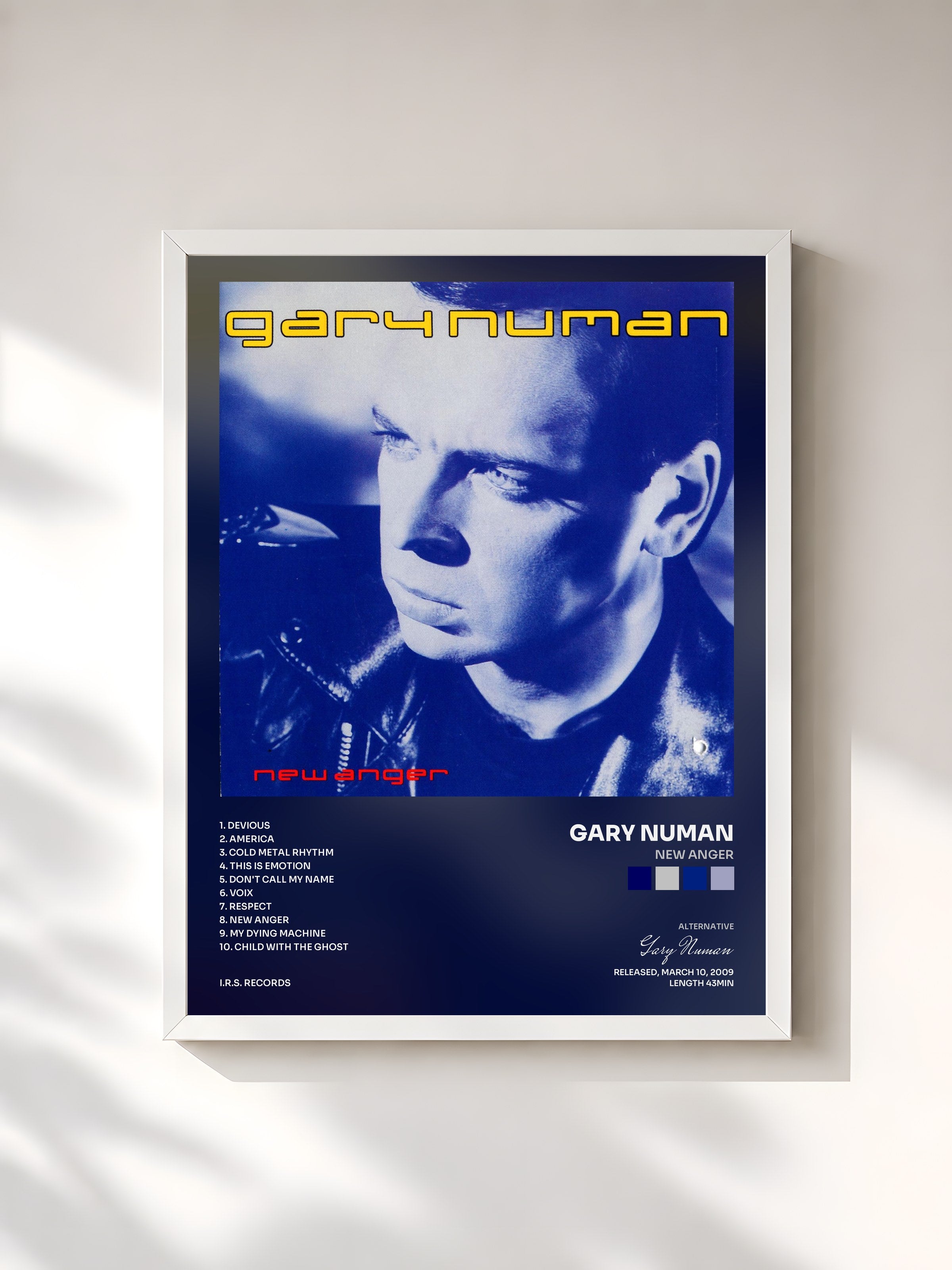 #blanc Tableau de l'album New Anger de Gary Numan, cadre blanc, imprimé et encadré en France