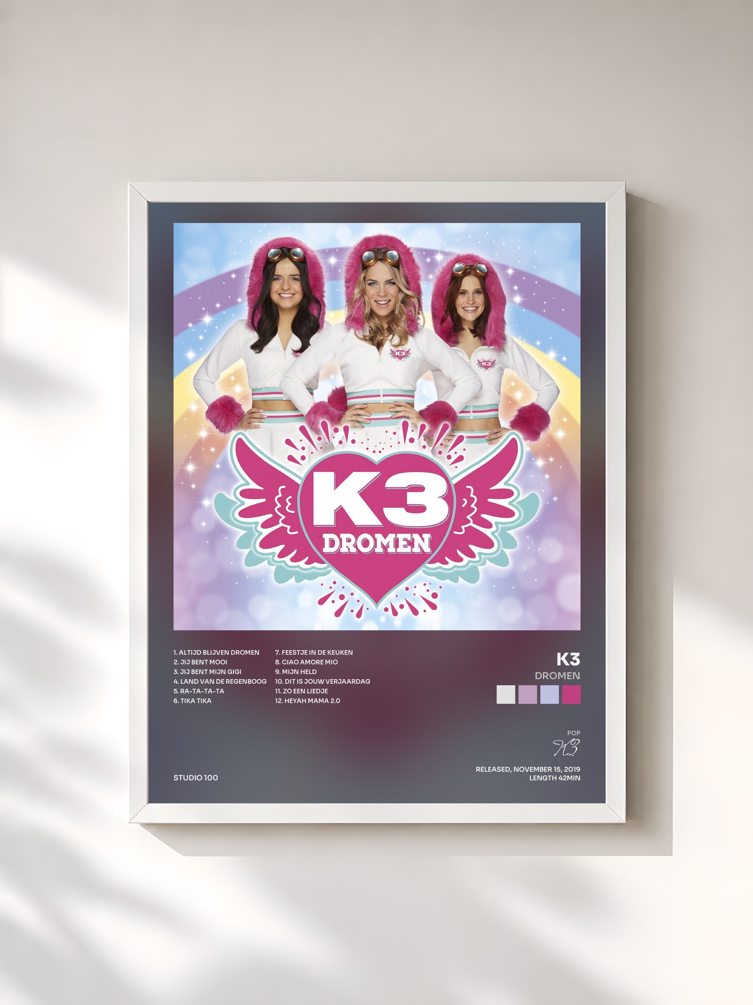 #blanc Tableau de l'album Dromen de K3, cadre blanc, imprimé et encadré en France