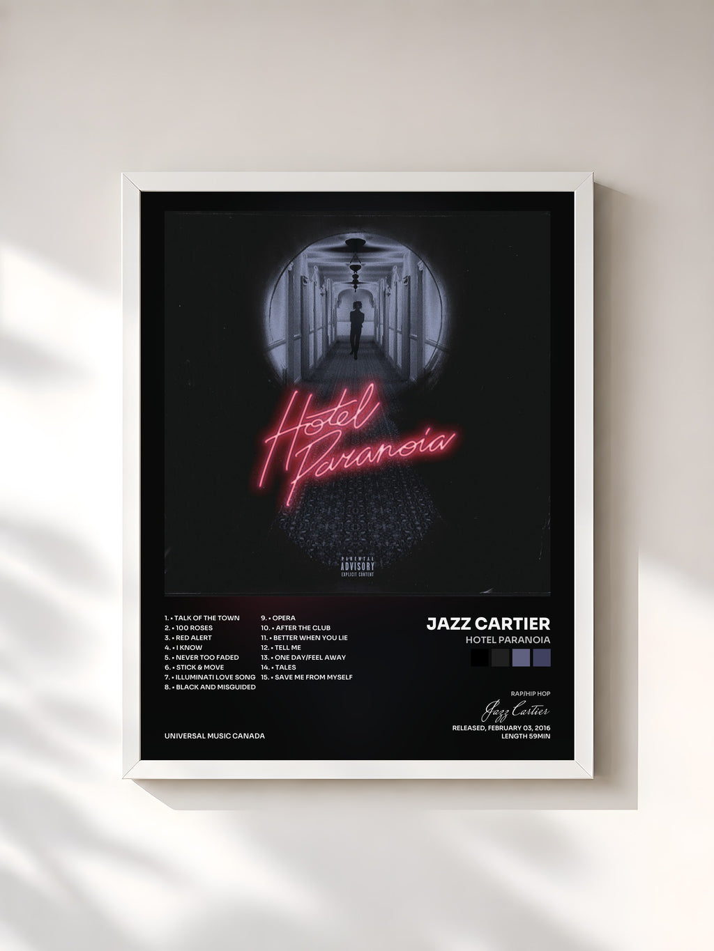 #blanc Tableau de l'album Hotel Paranoia de Jazz Cartier, cadre blanc, imprimé et encadré en France