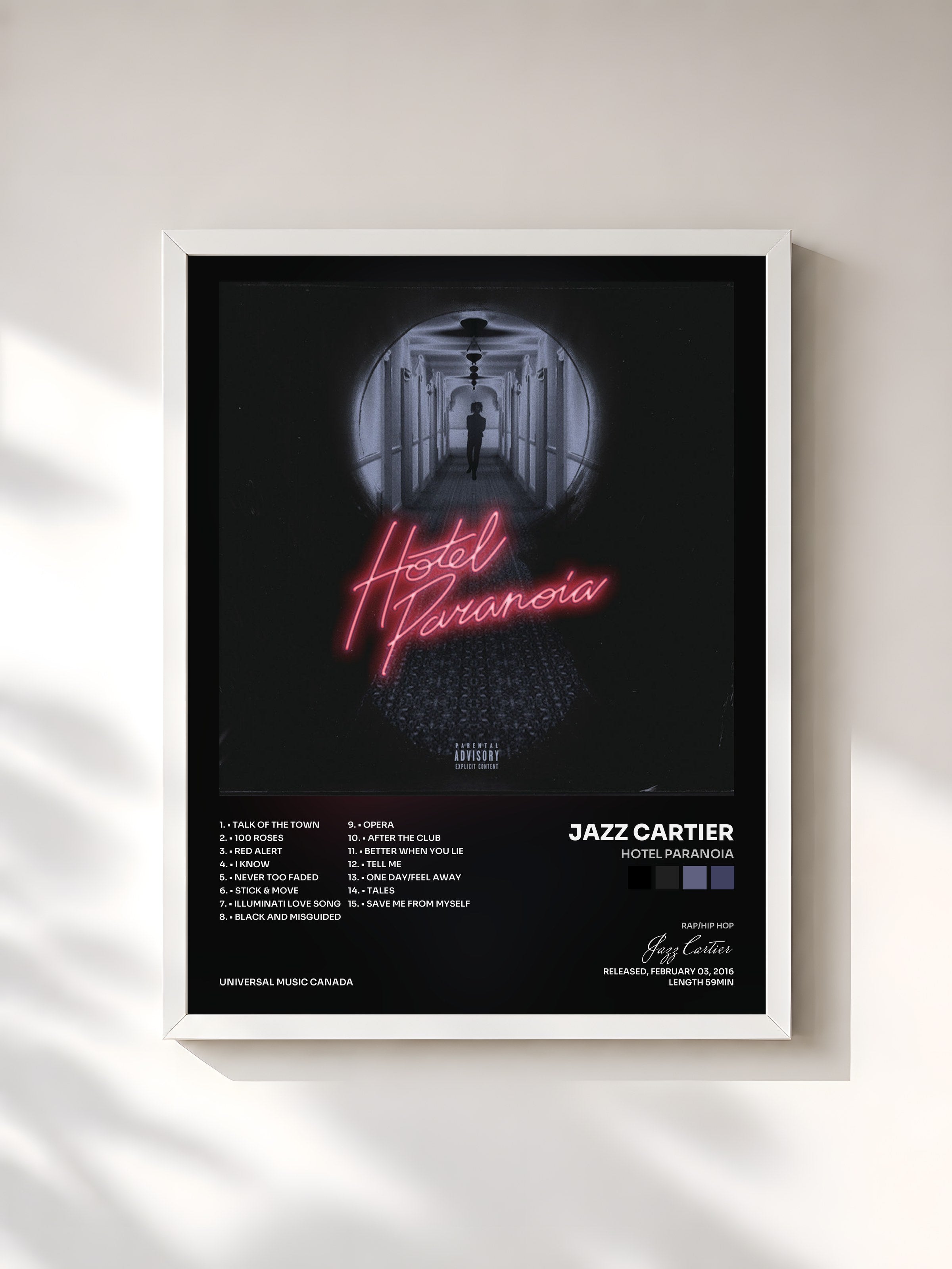 #blanc Tableau de l'album Hotel Paranoia de Jazz Cartier, cadre blanc, imprimé et encadré en France