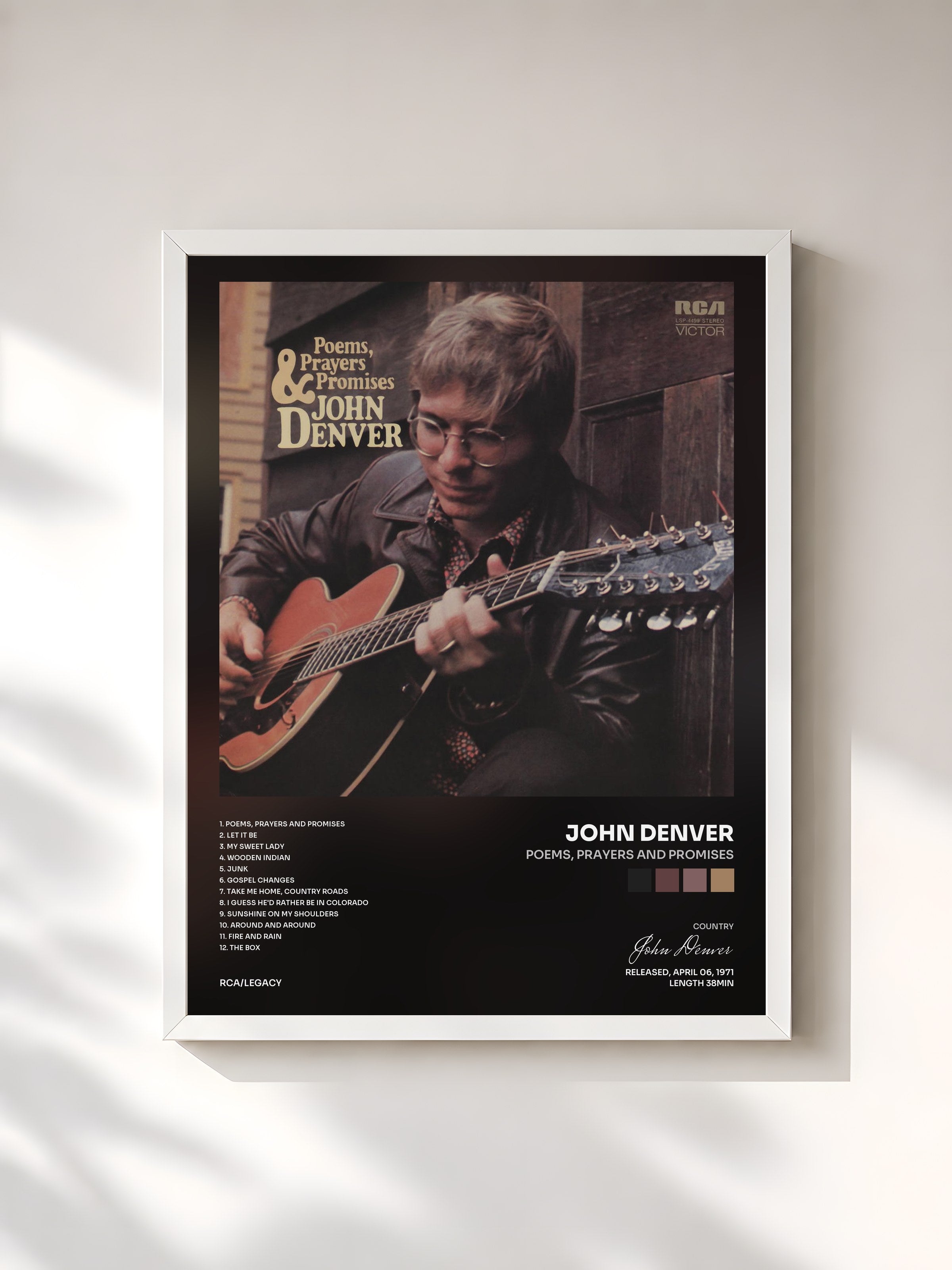 #blanc Tableau de l'album Poems, Prayers and Promises de John Denver, cadre blanc, imprimé et encadré en France