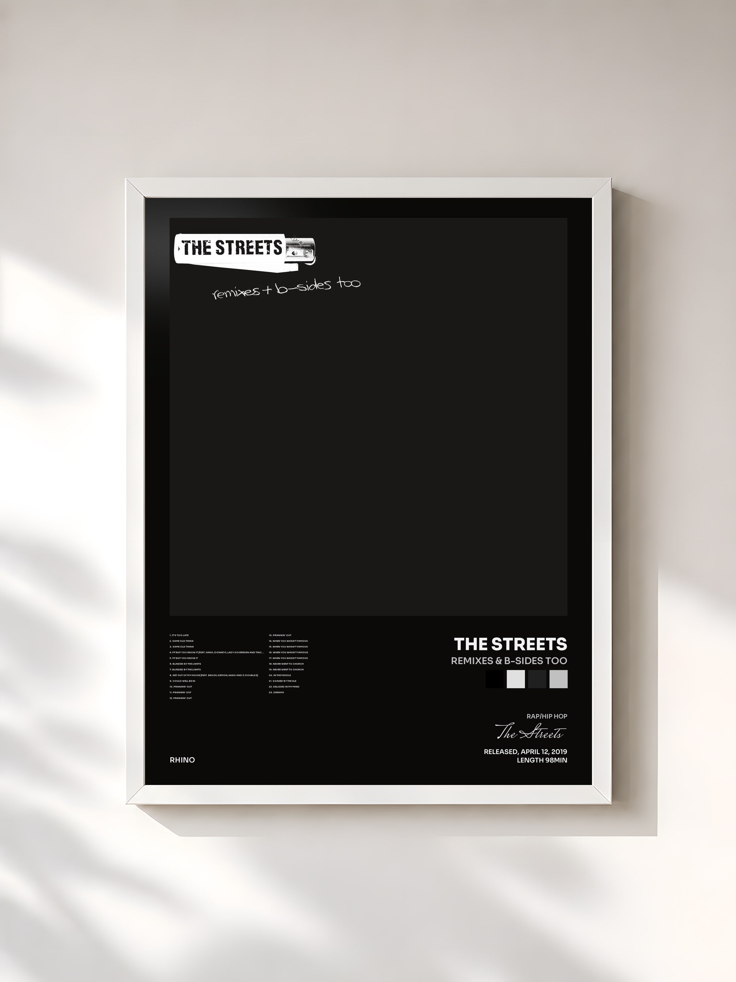 #blanc Tableau de l'album Remixes & B-Sides Too de The Streets, cadre blanc, imprimé et encadré en France