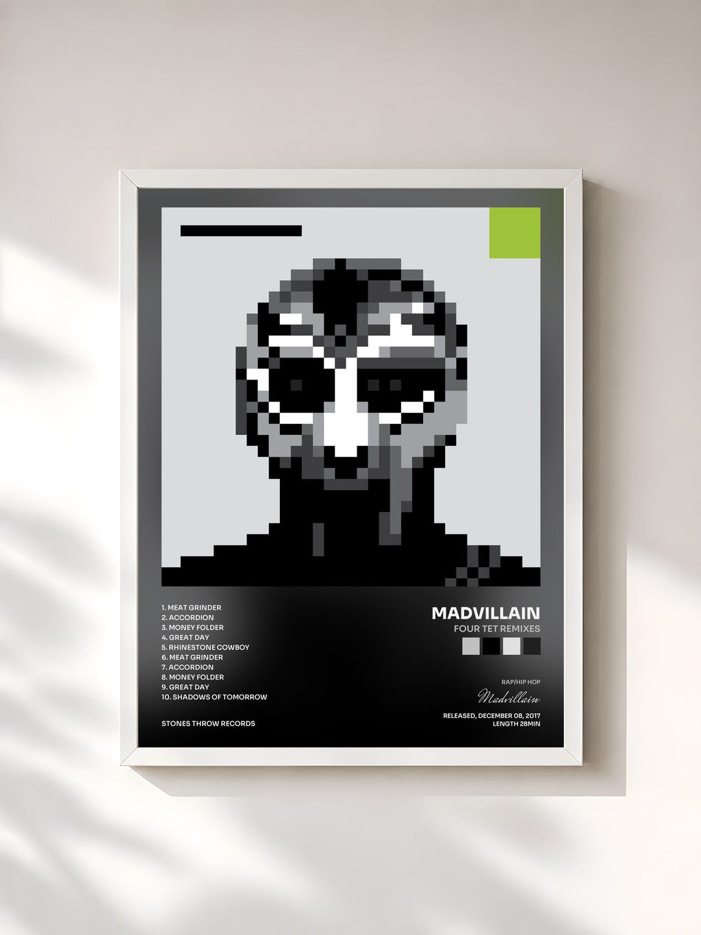 #blanc Four Tet Remixes by Madvillain as a framed art print, white frame, printed and framed in France