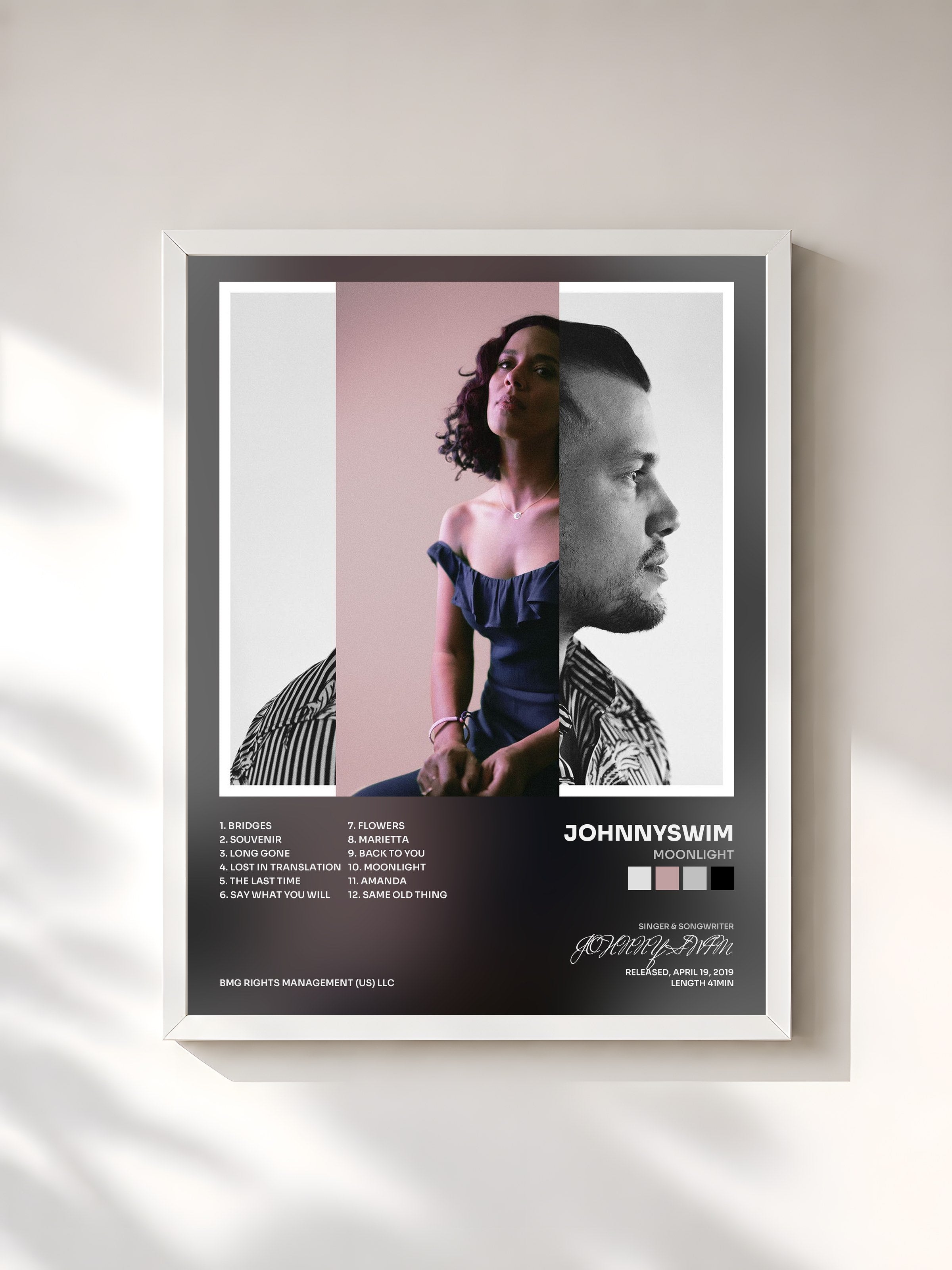 #blanc Tableau de l'album Moonlight de JOHNNYSWIM, cadre blanc, imprimé et encadré en France