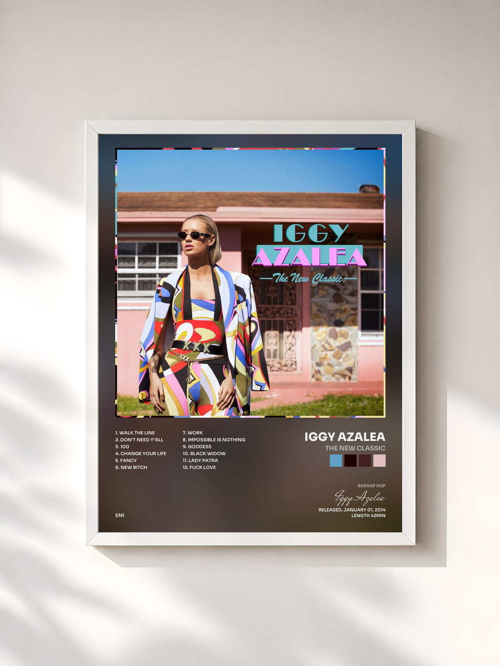 #blanc Tableau de l'album The New Classic de Iggy Azalea, cadre blanc, imprimé et encadré en France