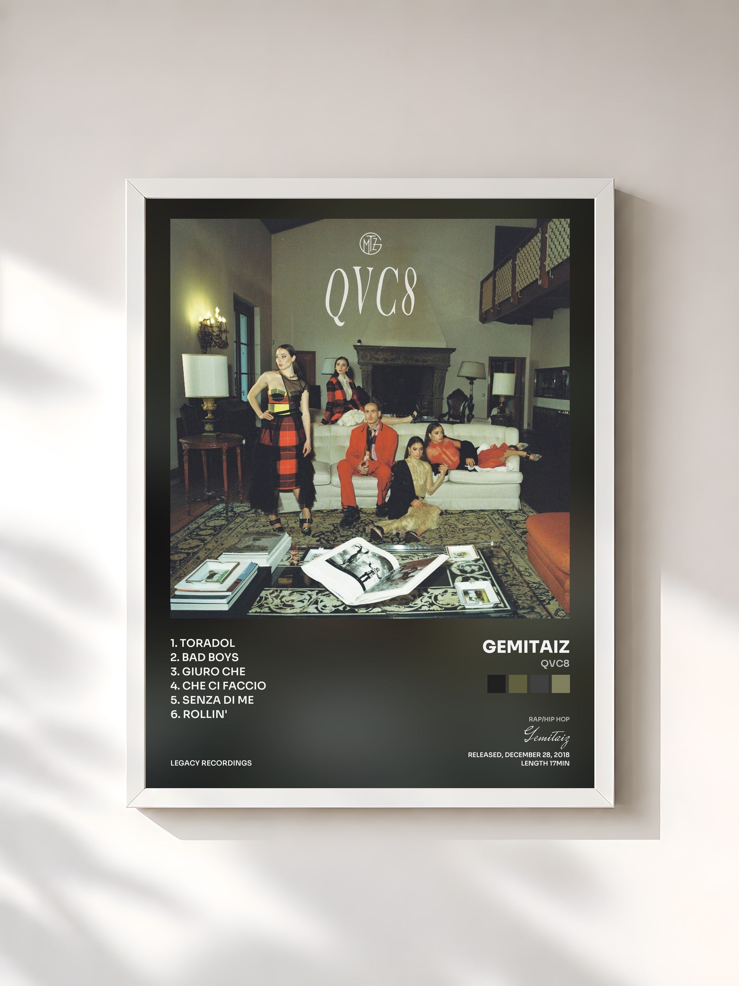 #blanc Tableau de l'album QVC8 de Gemitaiz, cadre blanc, imprimé et encadré en France
