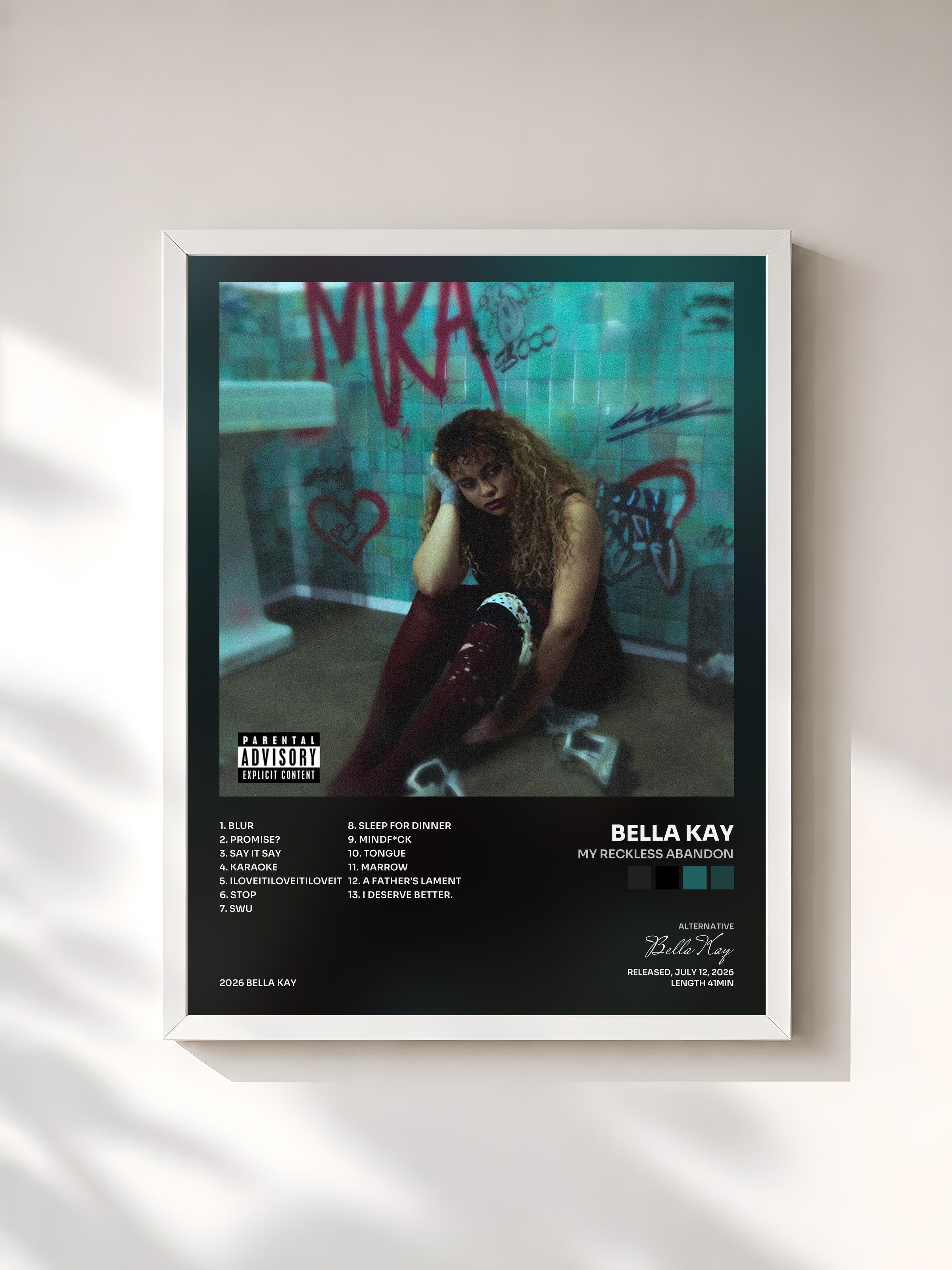 #blanc Tableau de l'album My Reckless Abandon de Bella Kay, cadre blanc, imprimé et encadré en France