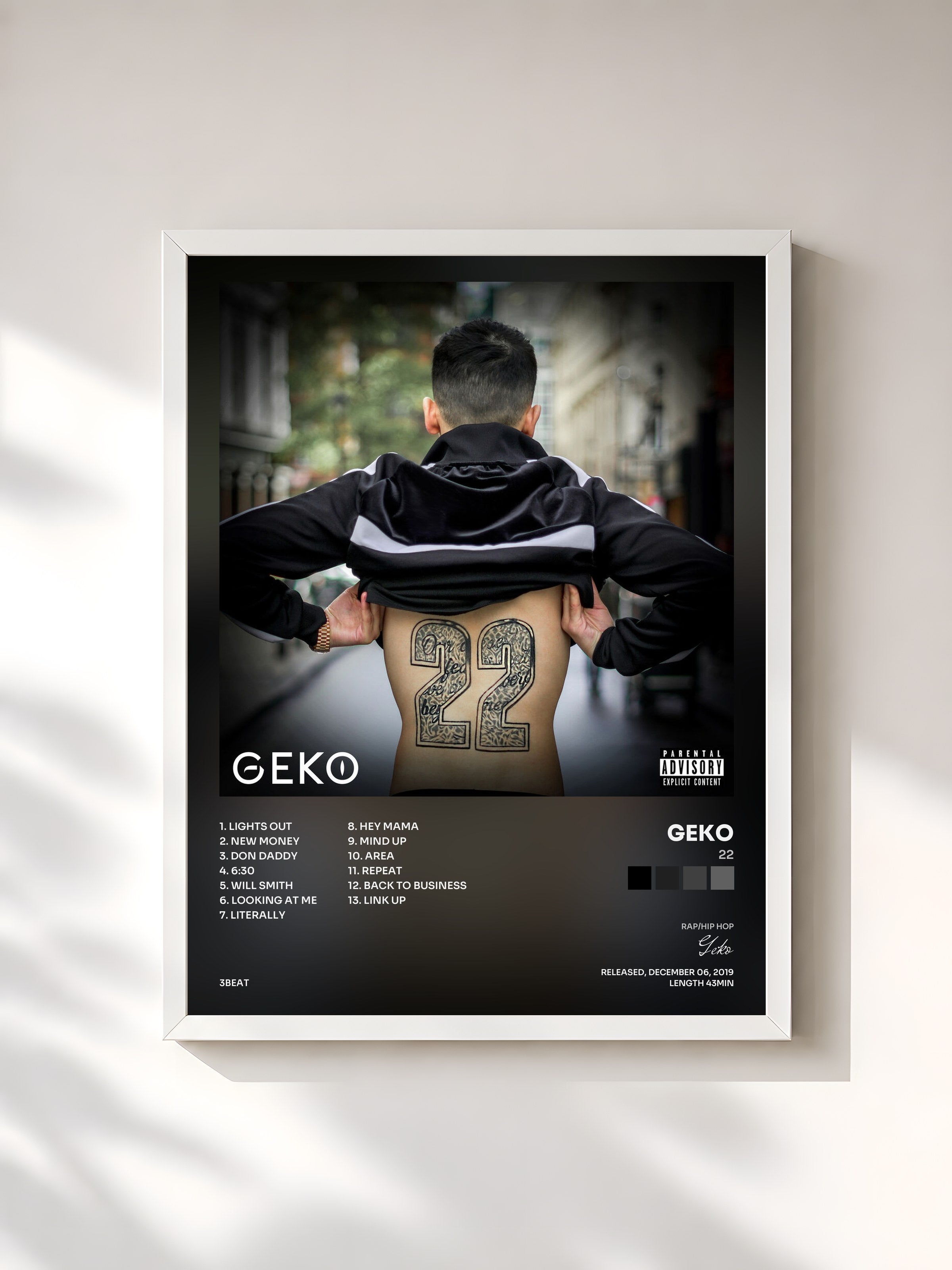 #blanc Tableau de l'album 22 de Geko, cadre blanc, imprimé et encadré en France