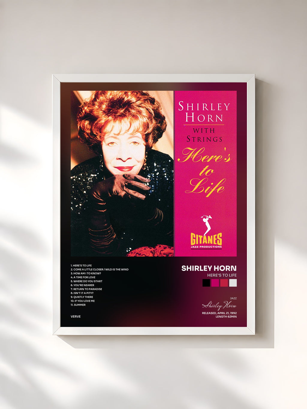 #blanc Tableau de l'album Here's To Life de Shirley Horn, cadre blanc, imprimé et encadré en France