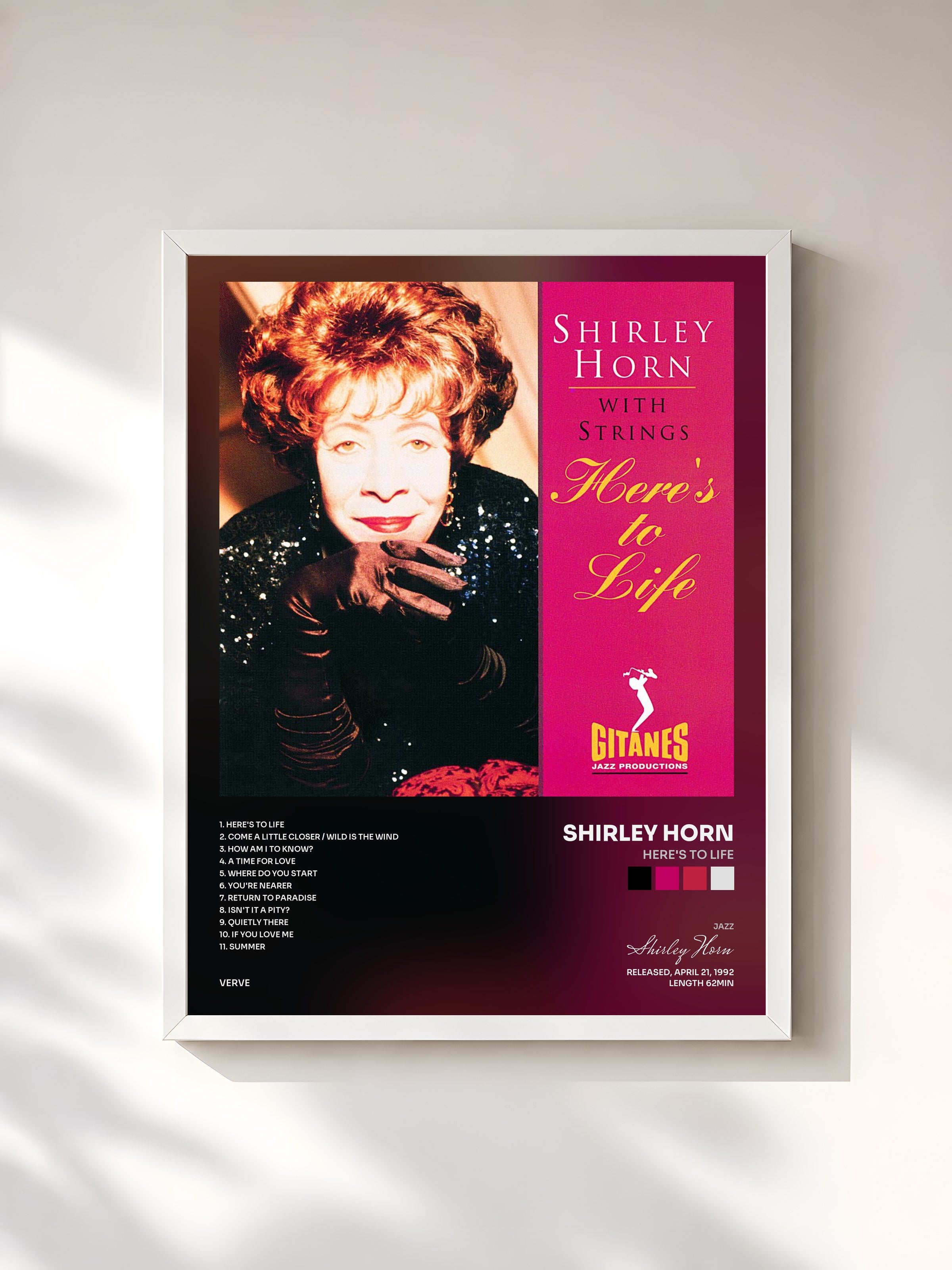 #blanc Tableau de l'album Here's To Life de Shirley Horn, cadre blanc, imprimé et encadré en France