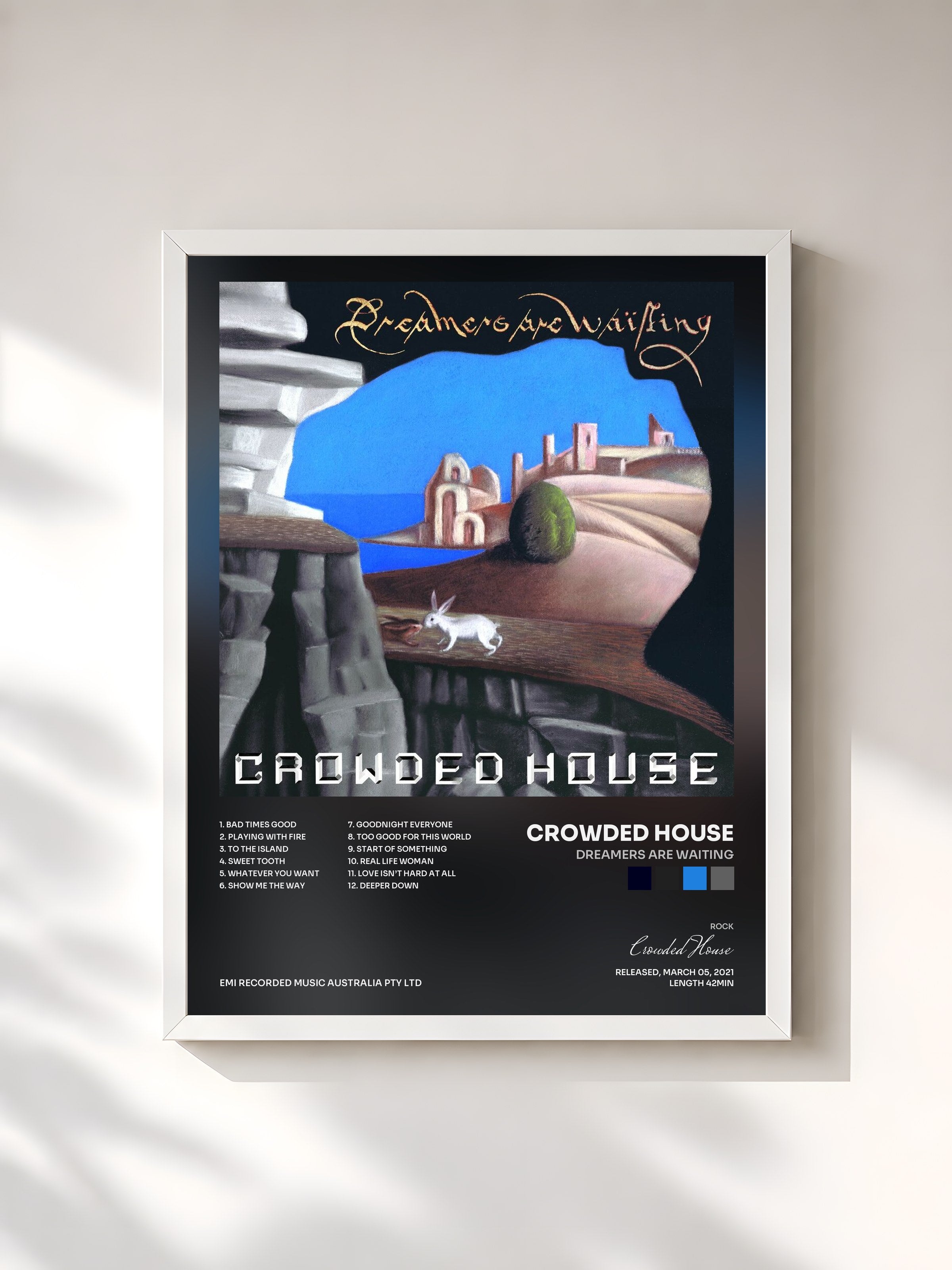 #blanc Tableau de l'album Dreamers Are Waiting de Crowded House, cadre blanc, imprimé et encadré en France