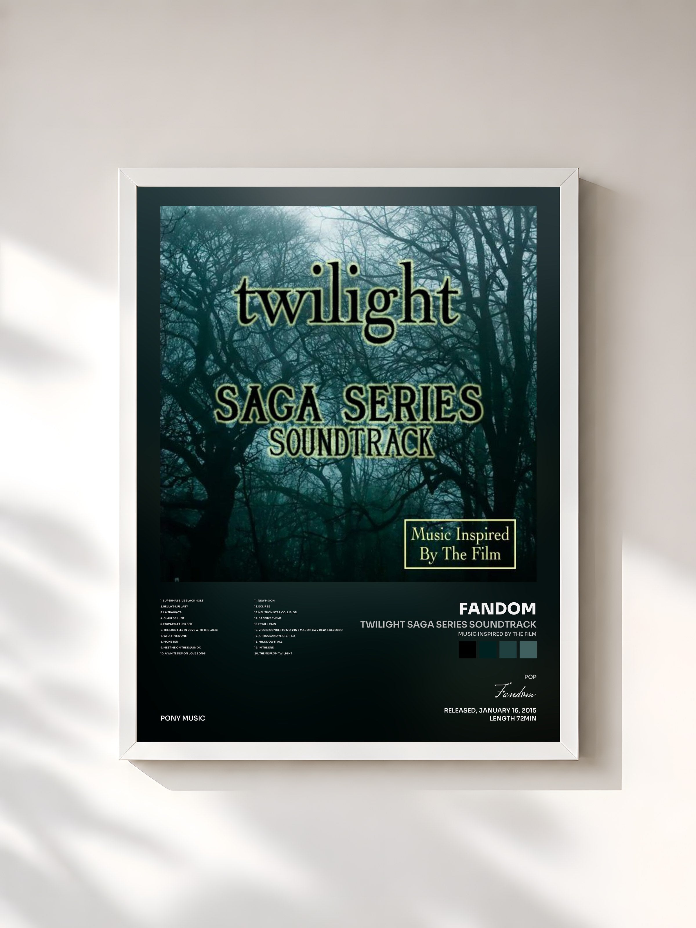 #blanc Tableau de l'album Twilight Saga Series Soundtrack (Music Inspired By the Film) de Fandom, cadre blanc, imprimé et encadré en France