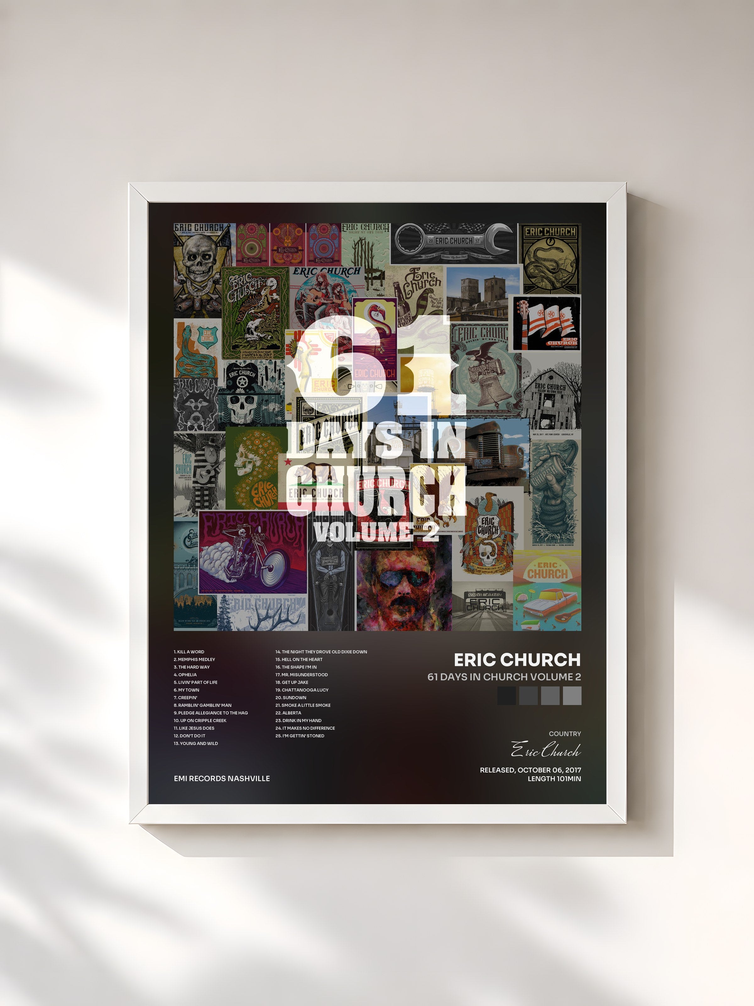 #blanc Tableau de l'album 61 Days In Church Volume 2 de Eric Church, cadre blanc, imprimé et encadré en France