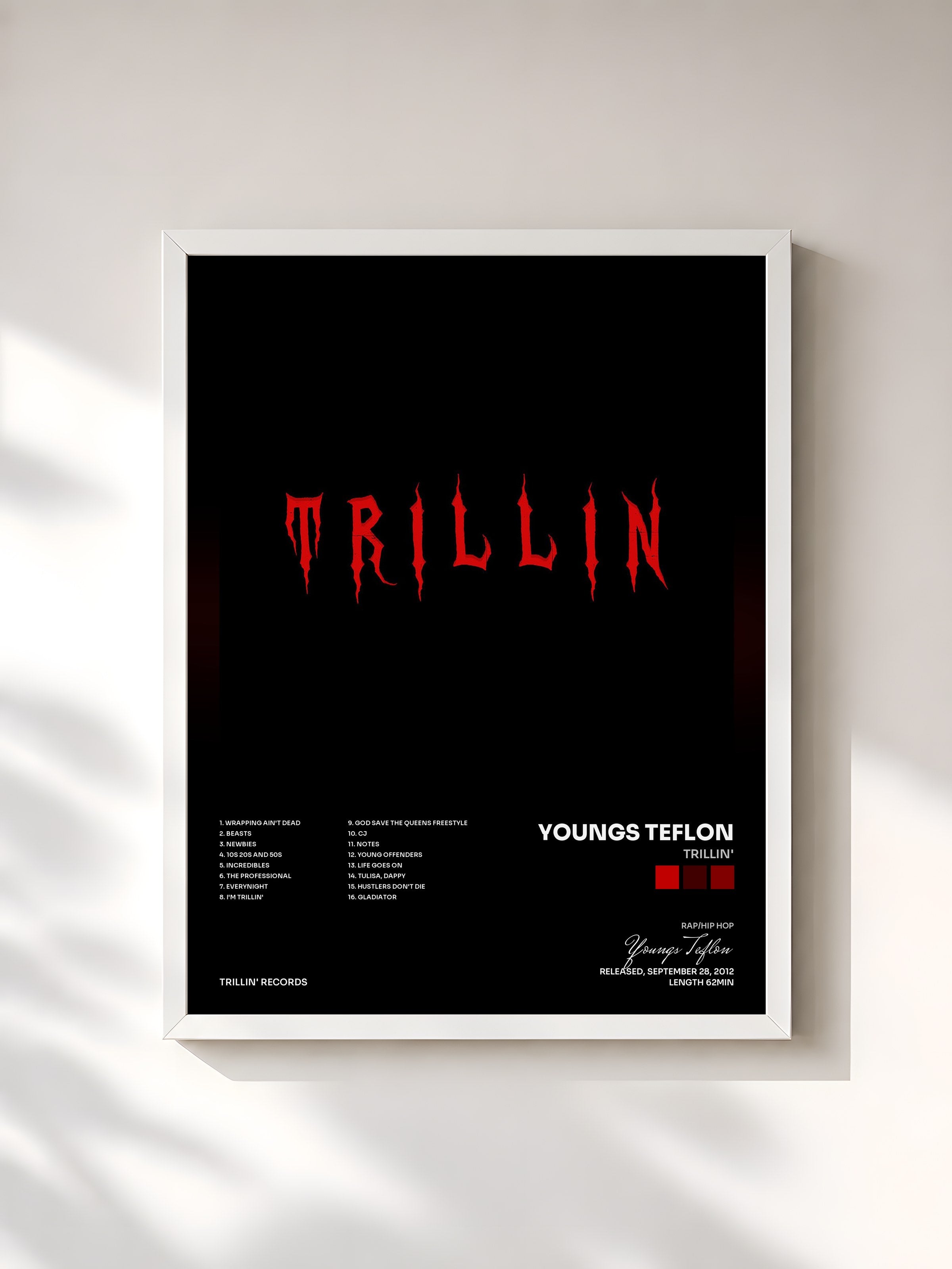 #blanc Tableau de l'album Trillin' de Youngs Teflon, cadre blanc, imprimé et encadré en France