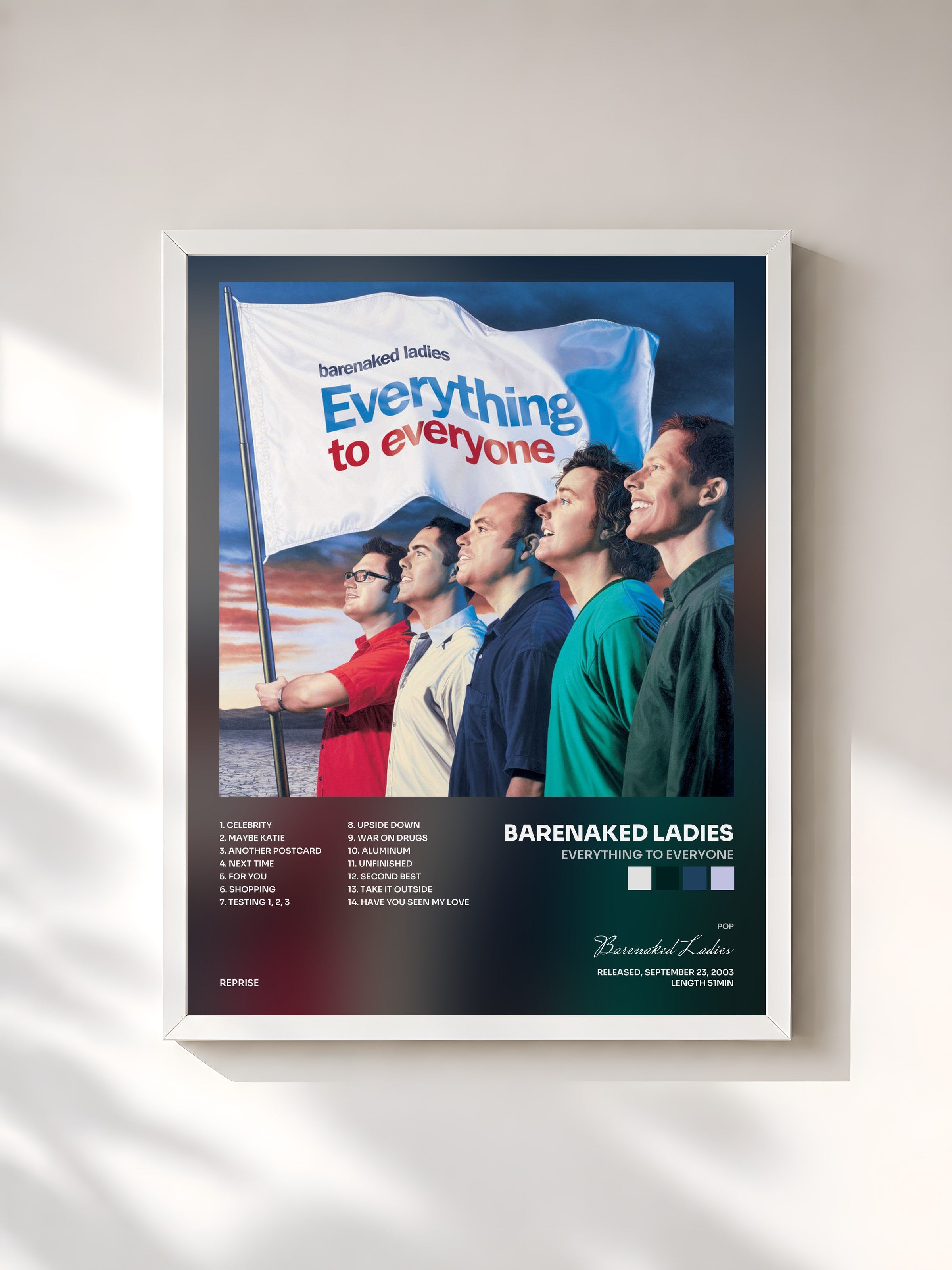 #blanc Tableau de l'album Everything to Everyone de Barenaked Ladies, cadre blanc, imprimé et encadré en France