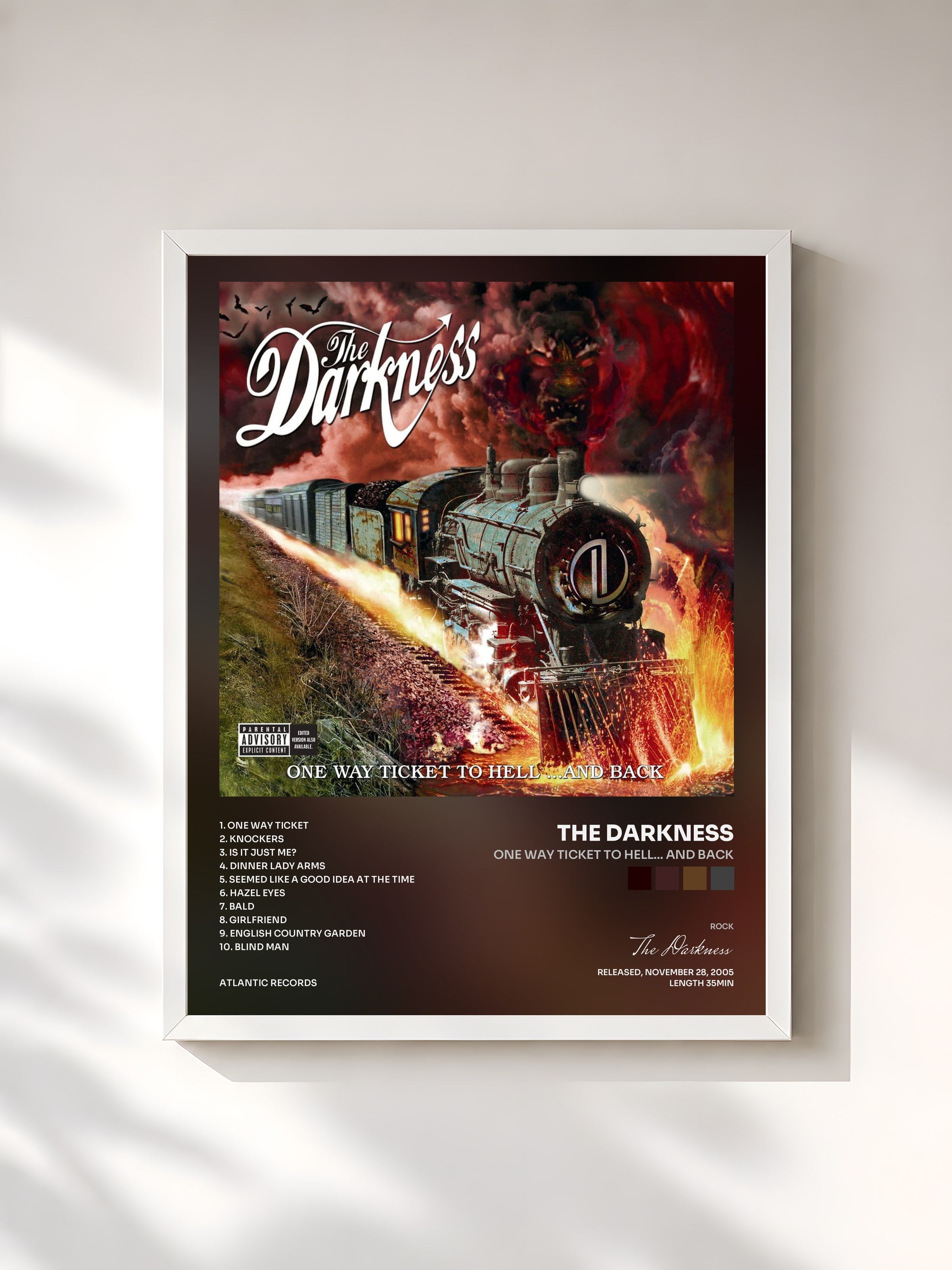 #blanc Tableau de l'album One Way Ticket to Hell... and Back de The Darkness, cadre blanc, imprimé et encadré en France