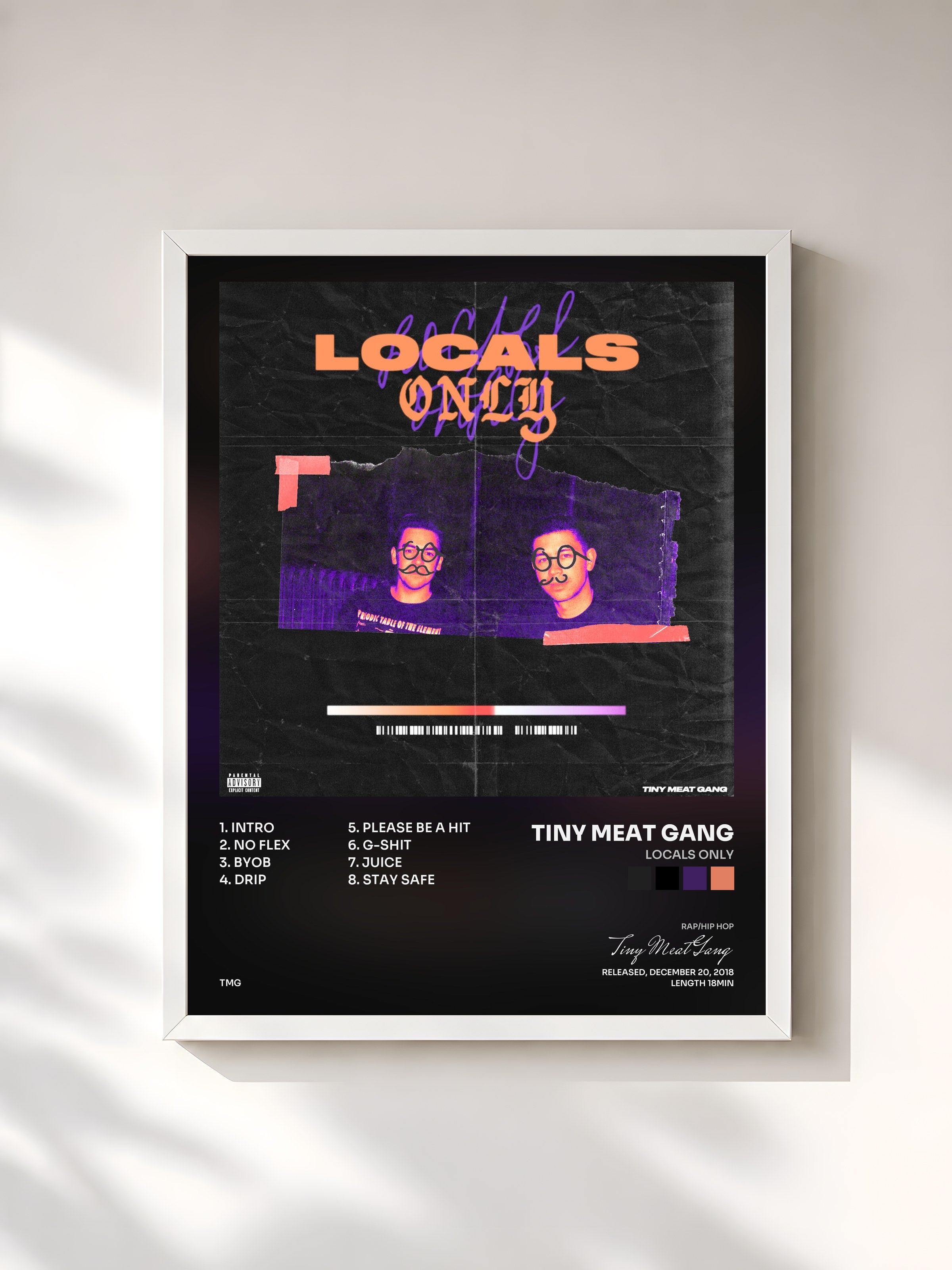 #blanc Tableau de l'album Locals Only de Tiny Meat Gang, cadre blanc, imprimé et encadré en France