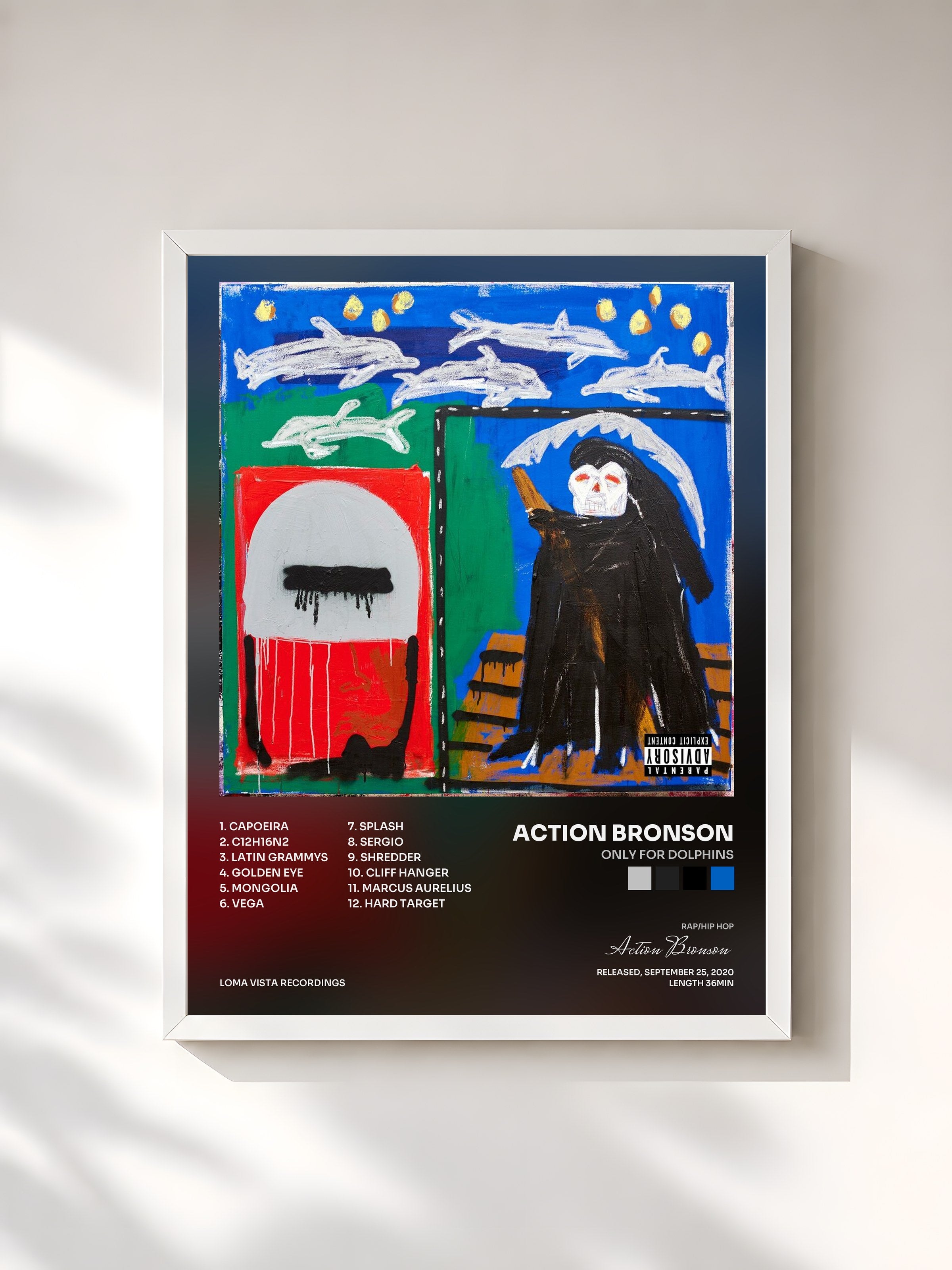 #blanc Tableau de l'album Only For Dolphins de Action Bronson, cadre blanc, imprimé et encadré en France