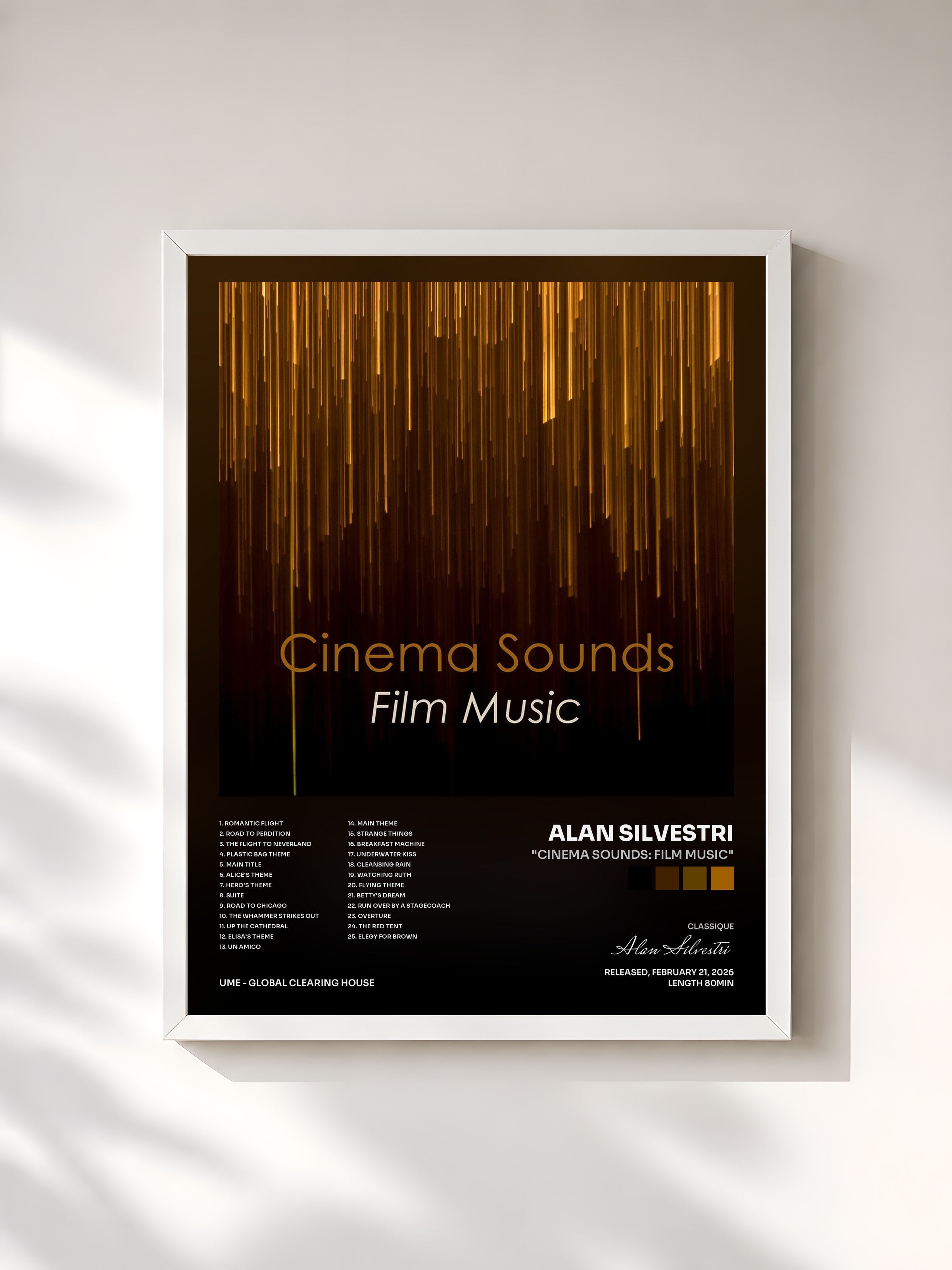 #blanc Tableau de l'album "Cinema Sounds: Film Music" de Alan Silvestri, cadre blanc, imprimé et encadré en France