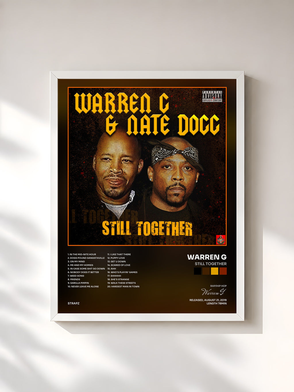 #blanc Tableau de l'album Still Together de Warren G, cadre blanc, imprimé et encadré en France