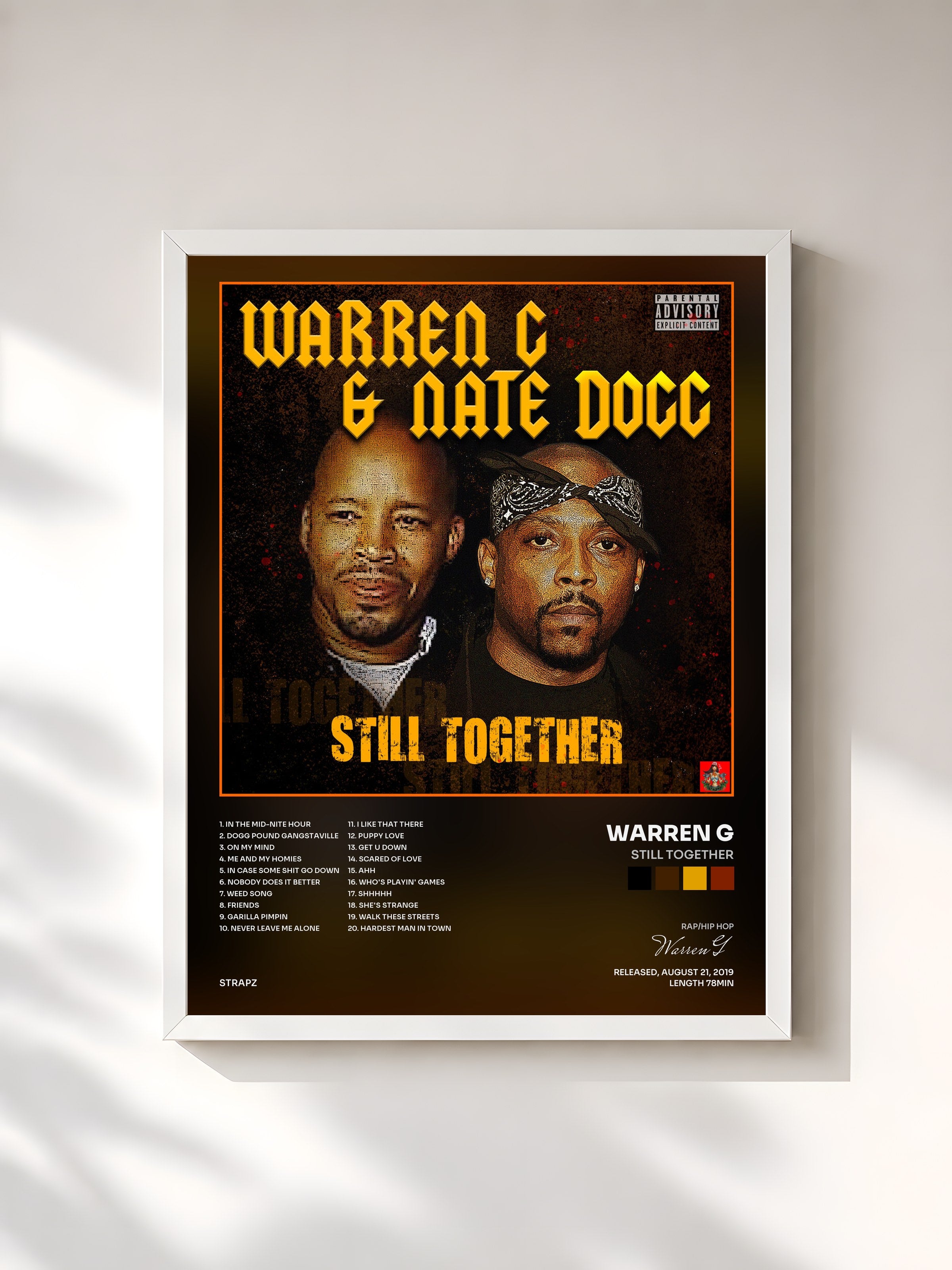 #blanc Tableau de l'album Still Together de Warren G, cadre blanc, imprimé et encadré en France