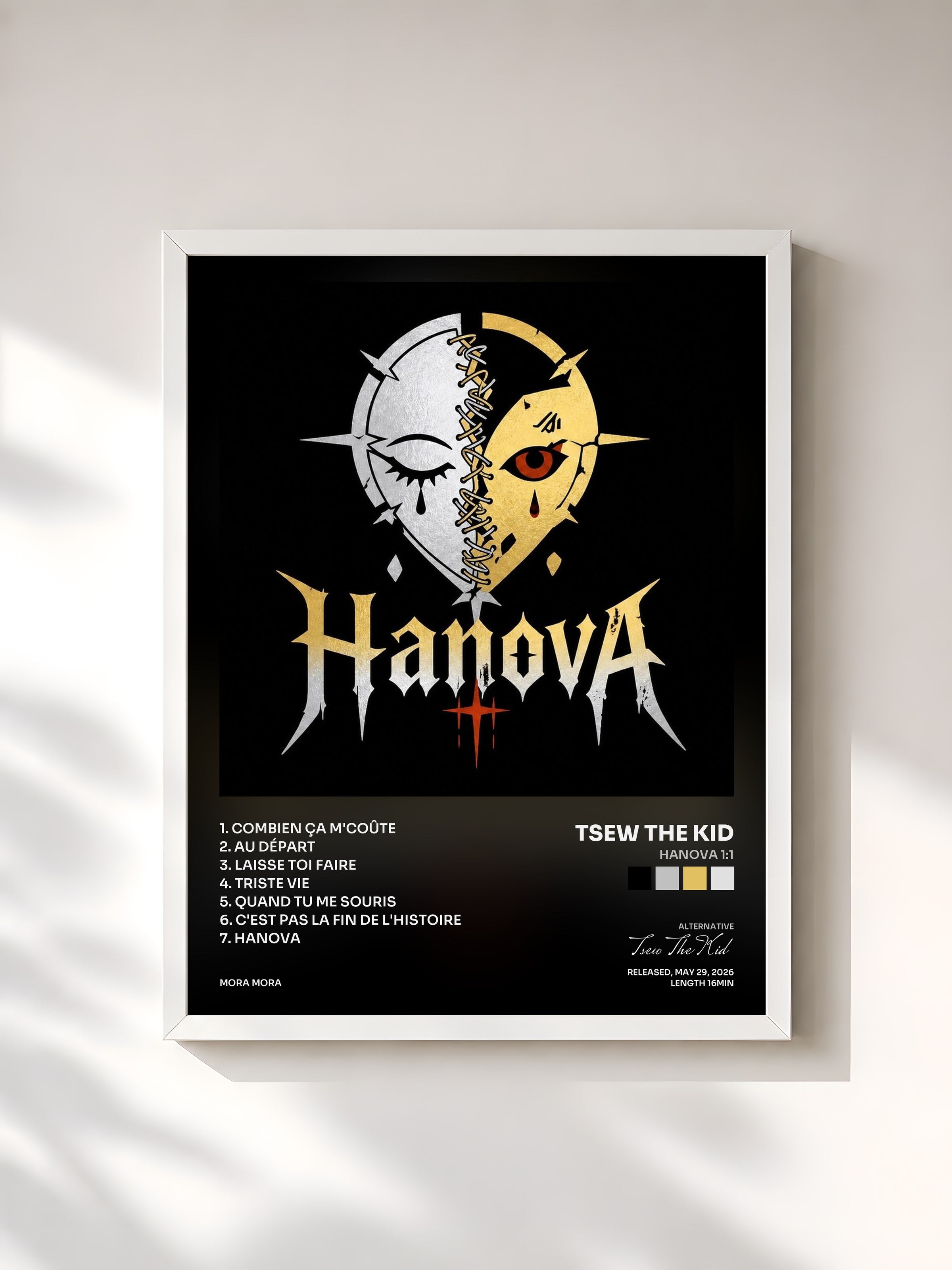 #blanc Tableau de l'album HANOVA 1:1 de Tsew The Kid, cadre blanc, imprimé et encadré en France