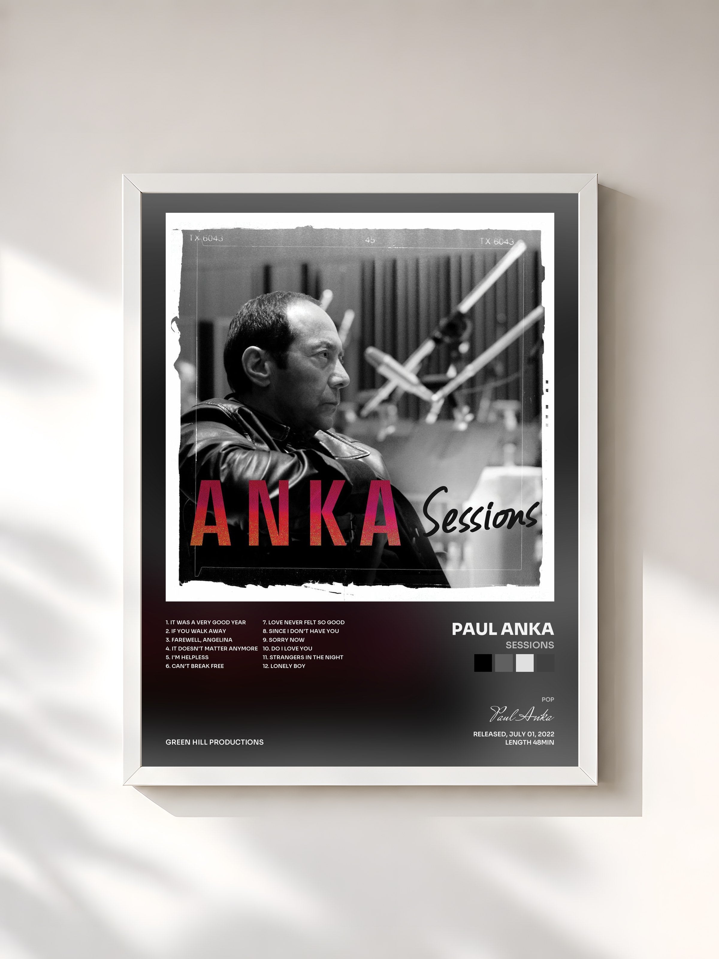 #blanc Tableau de l'album Sessions de Paul Anka, cadre blanc, imprimé et encadré en France