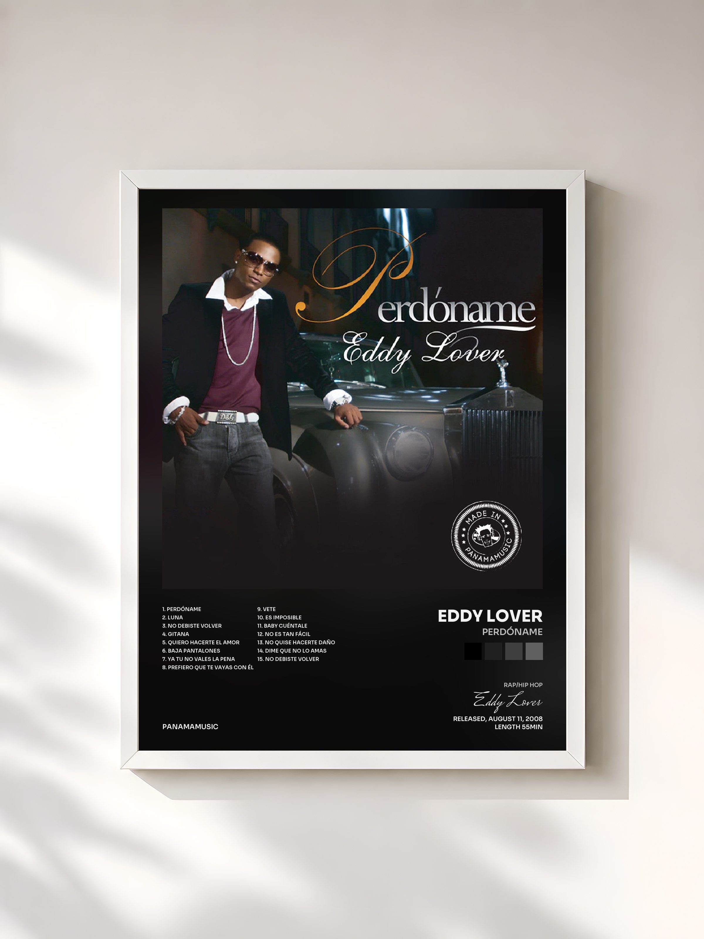 #blanc Tableau de l'album Perdóname de Eddy Lover, cadre blanc, imprimé et encadré en France