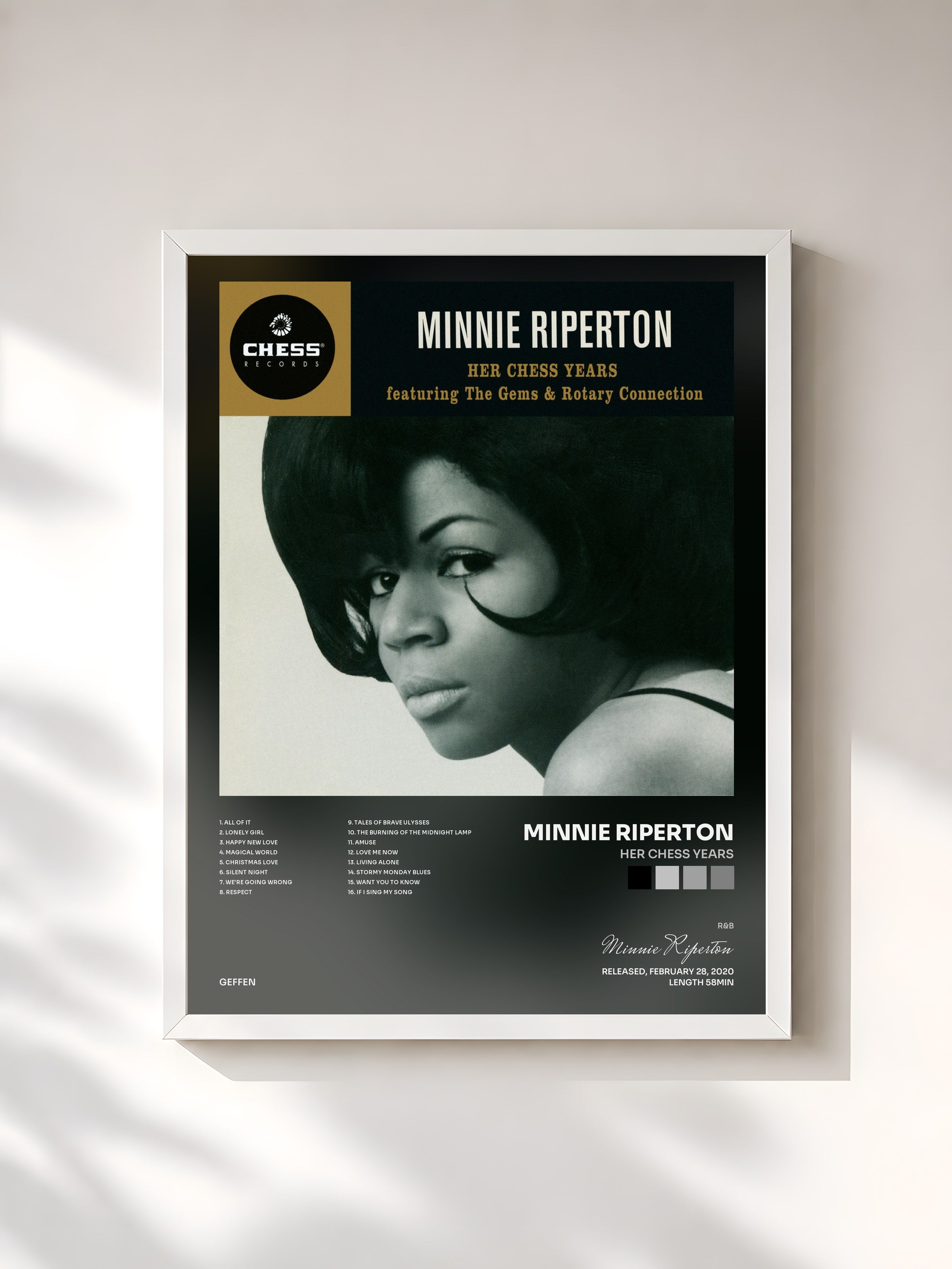 #blanc Tableau de l'album Her Chess Years de Minnie Riperton, cadre blanc, imprimé et encadré en France