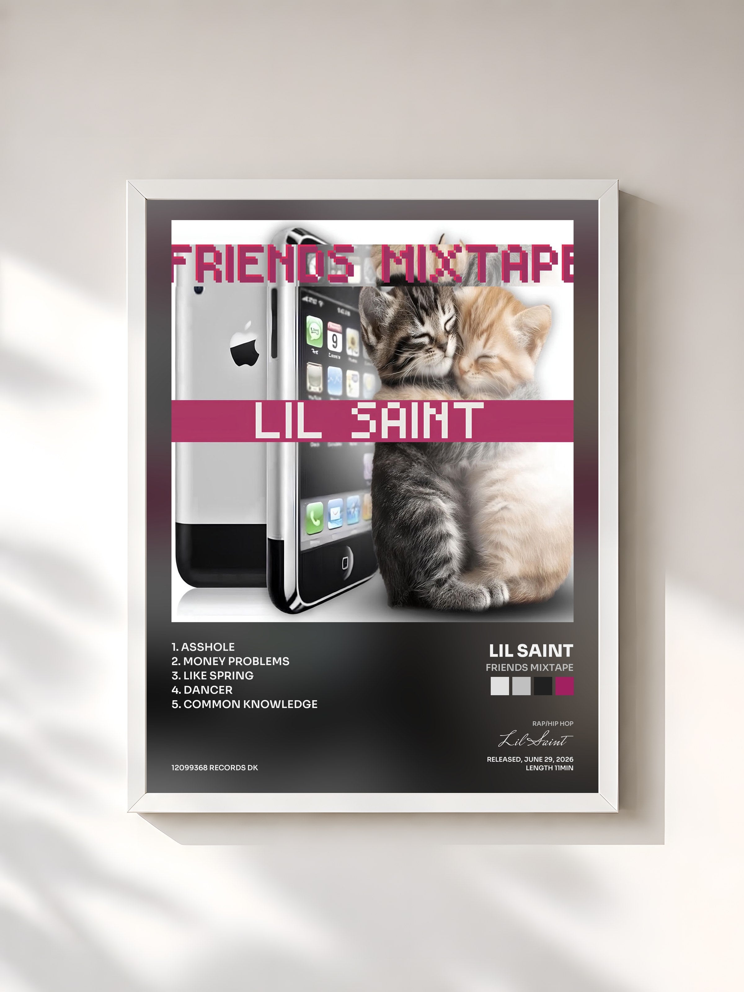 #blanc Tableau de l'album FRIENDS MIXTAPE de Lil Saint, cadre blanc, imprimé et encadré en France