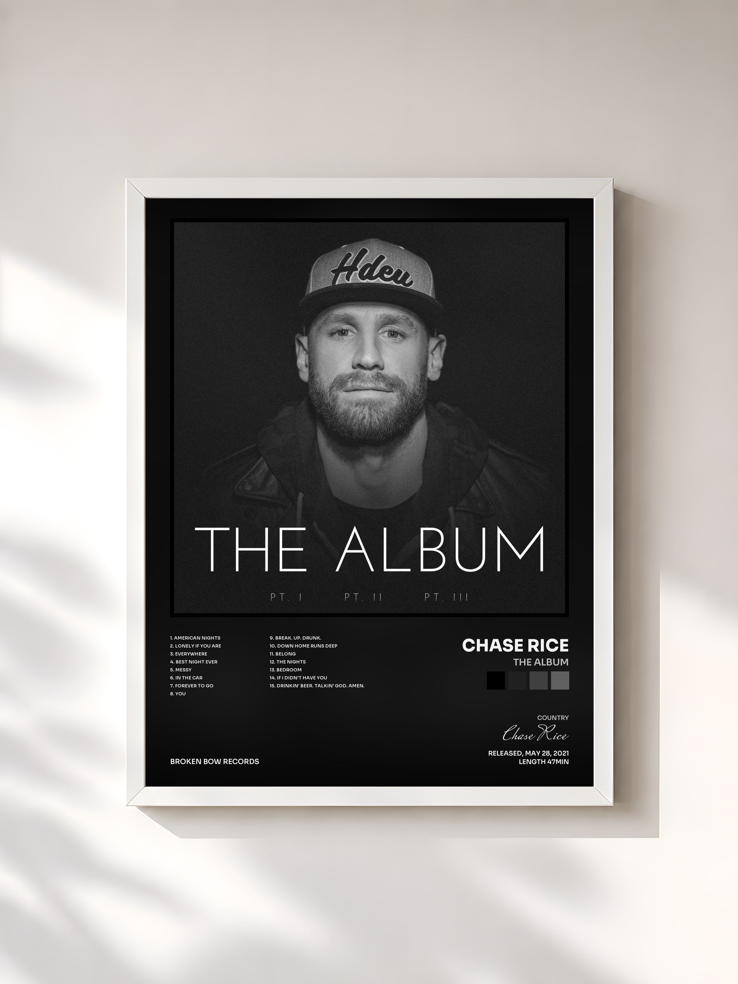 #blanc Tableau de l'album The Album de Chase Rice, cadre blanc, imprimé et encadré en France