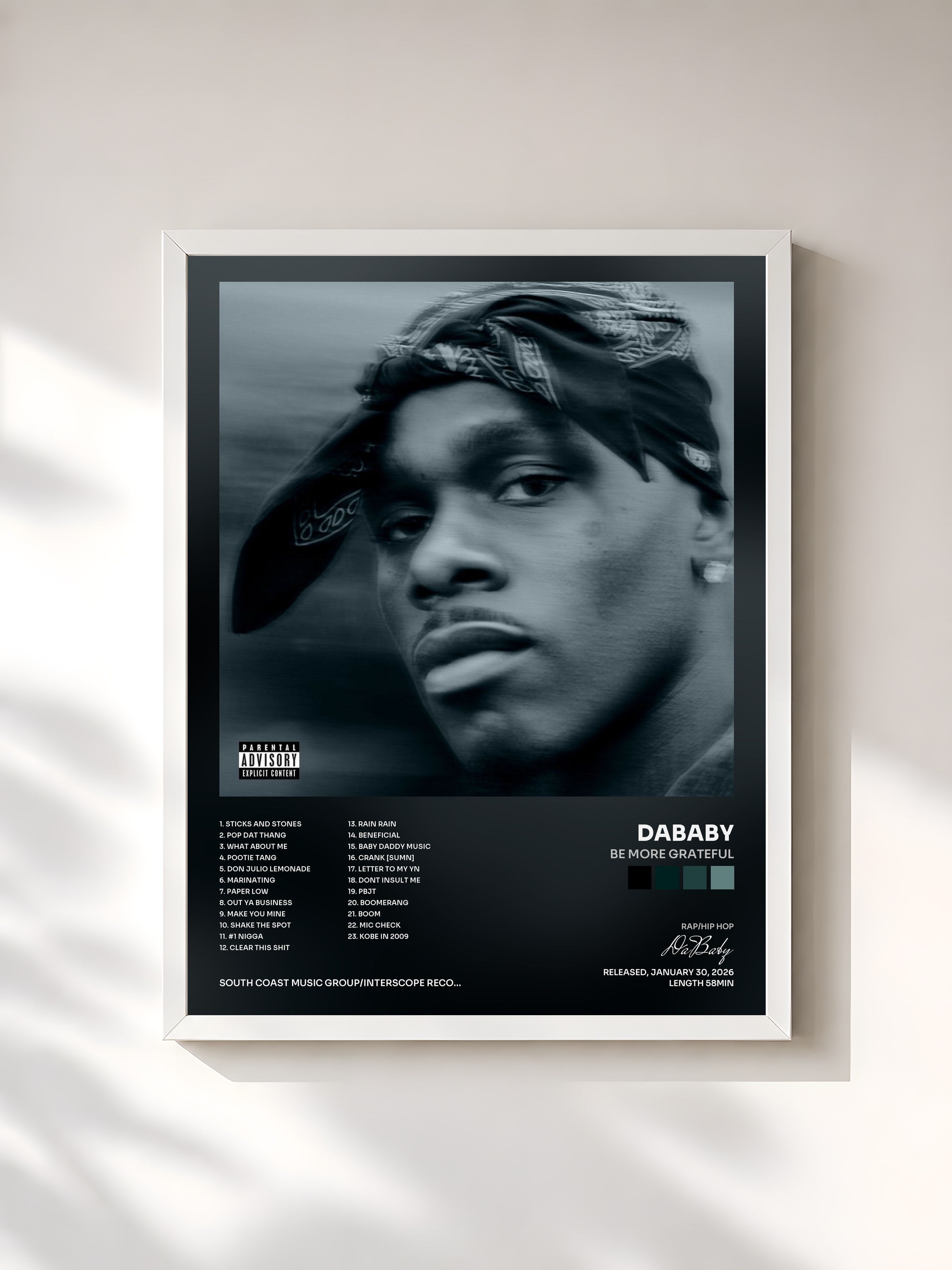 #blanc Tableau de l'album BE MORE GRATEFUL de DaBaby, cadre blanc, imprimé et encadré en France
