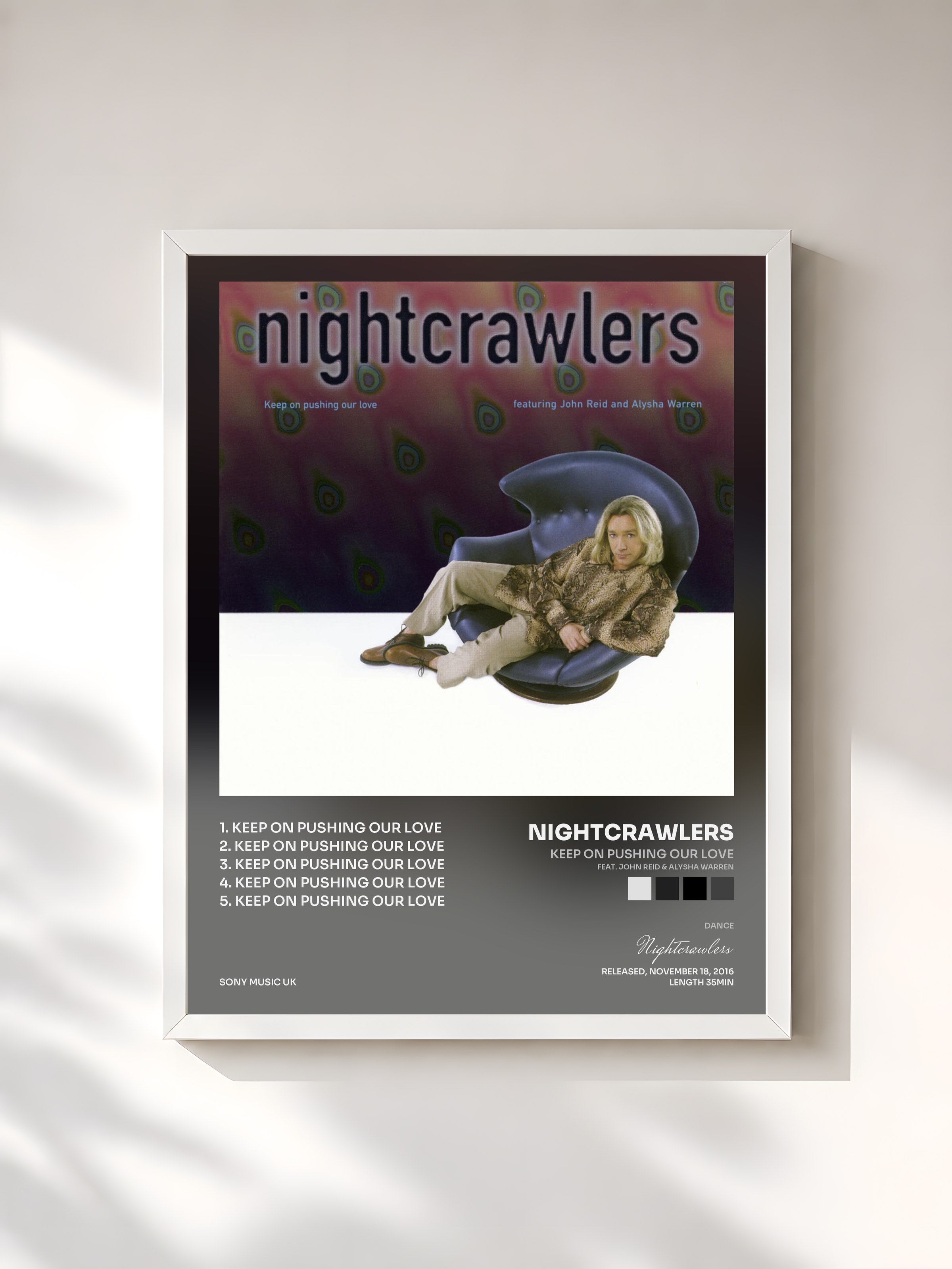 #blanc Tableau de l'album Keep on Pushing Our Love (feat. John Reid & Alysha Warren) de Nightcrawlers, cadre blanc, imprimé et encadré en France