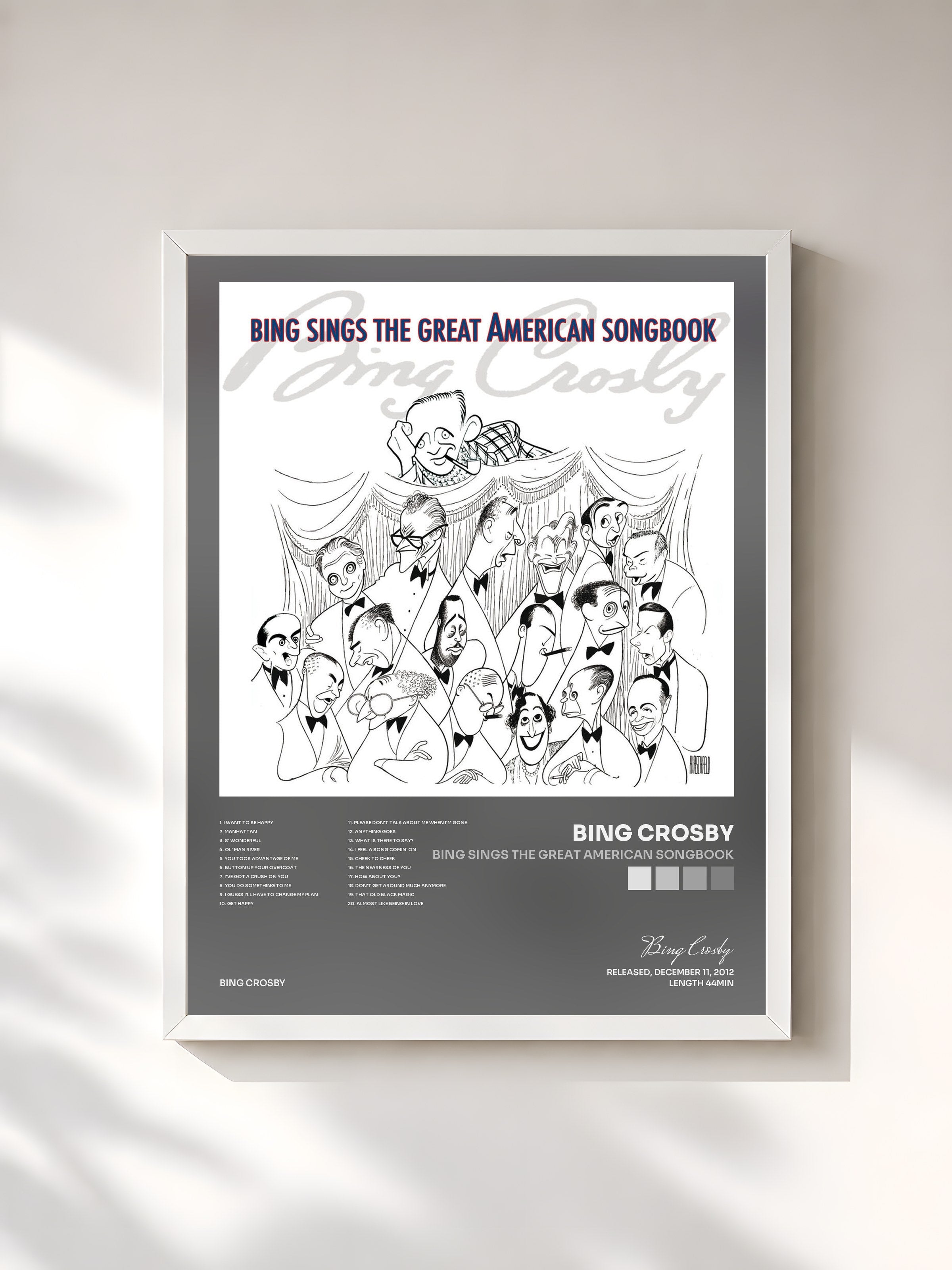 #blanc Tableau de l'album Bing Sings The Great American Songbook de Bing Crosby, cadre blanc, imprimé et encadré en France