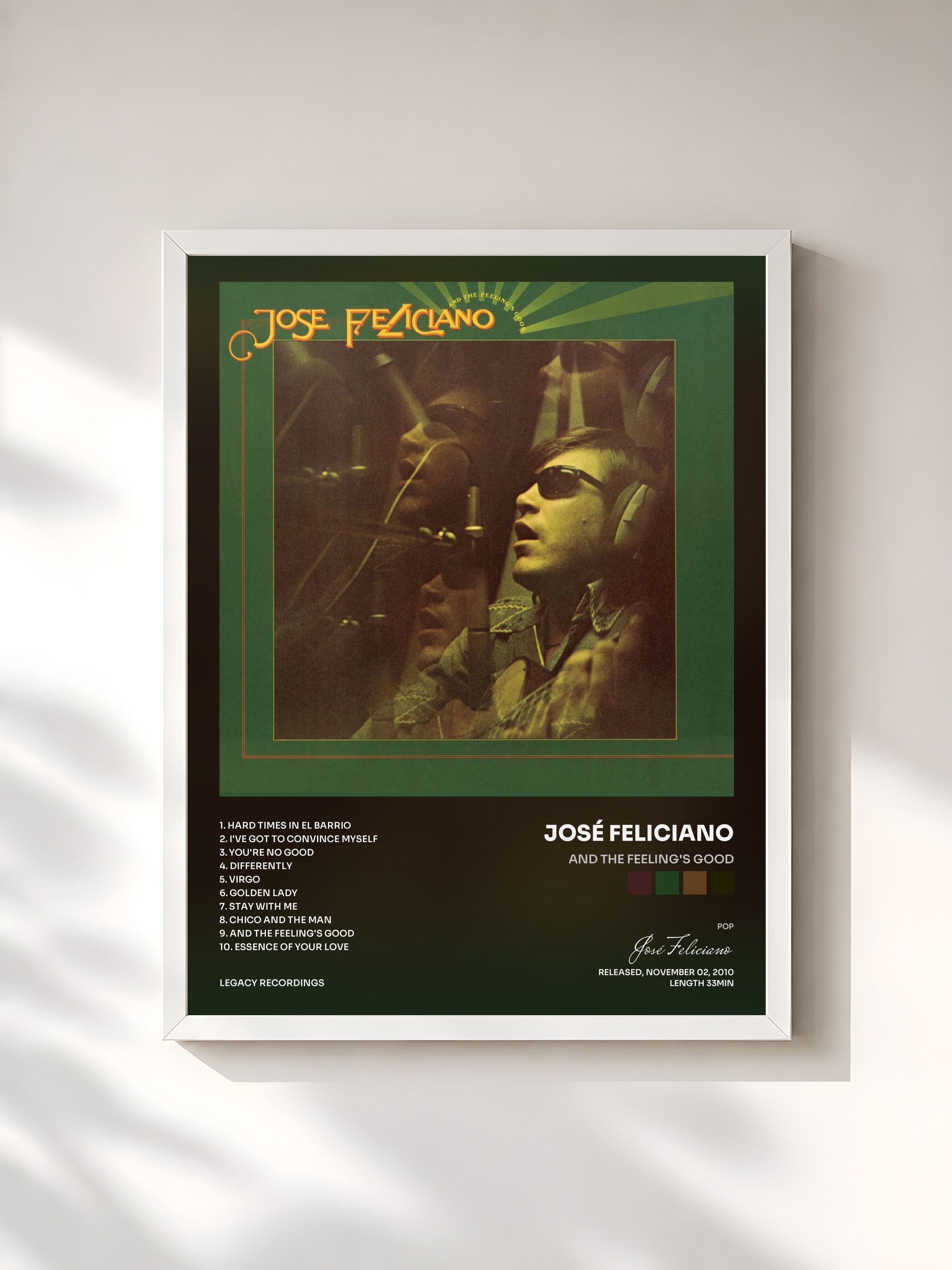 #blanc Tableau de l'album And The Feeling's Good de José Feliciano, cadre blanc, imprimé et encadré en France