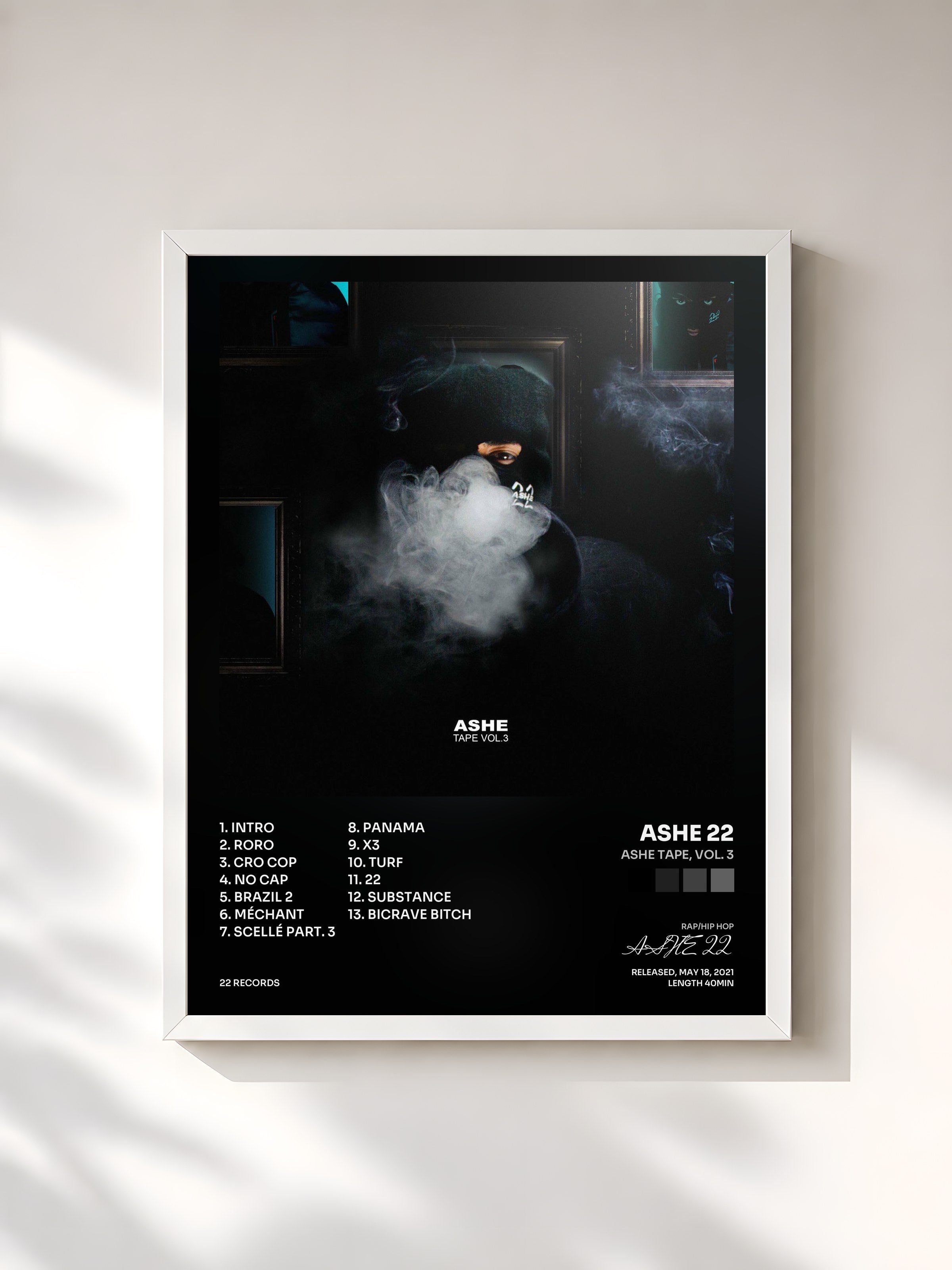#blanc Tableau de l'album Ashe Tape, Vol. 3 de ASHE 22, cadre blanc, imprimé et encadré en France
