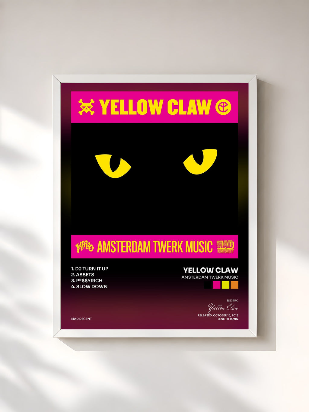 #blanc Tableau de l'album Amsterdam Twerk Music de Yellow Claw, cadre blanc, imprimé et encadré en France