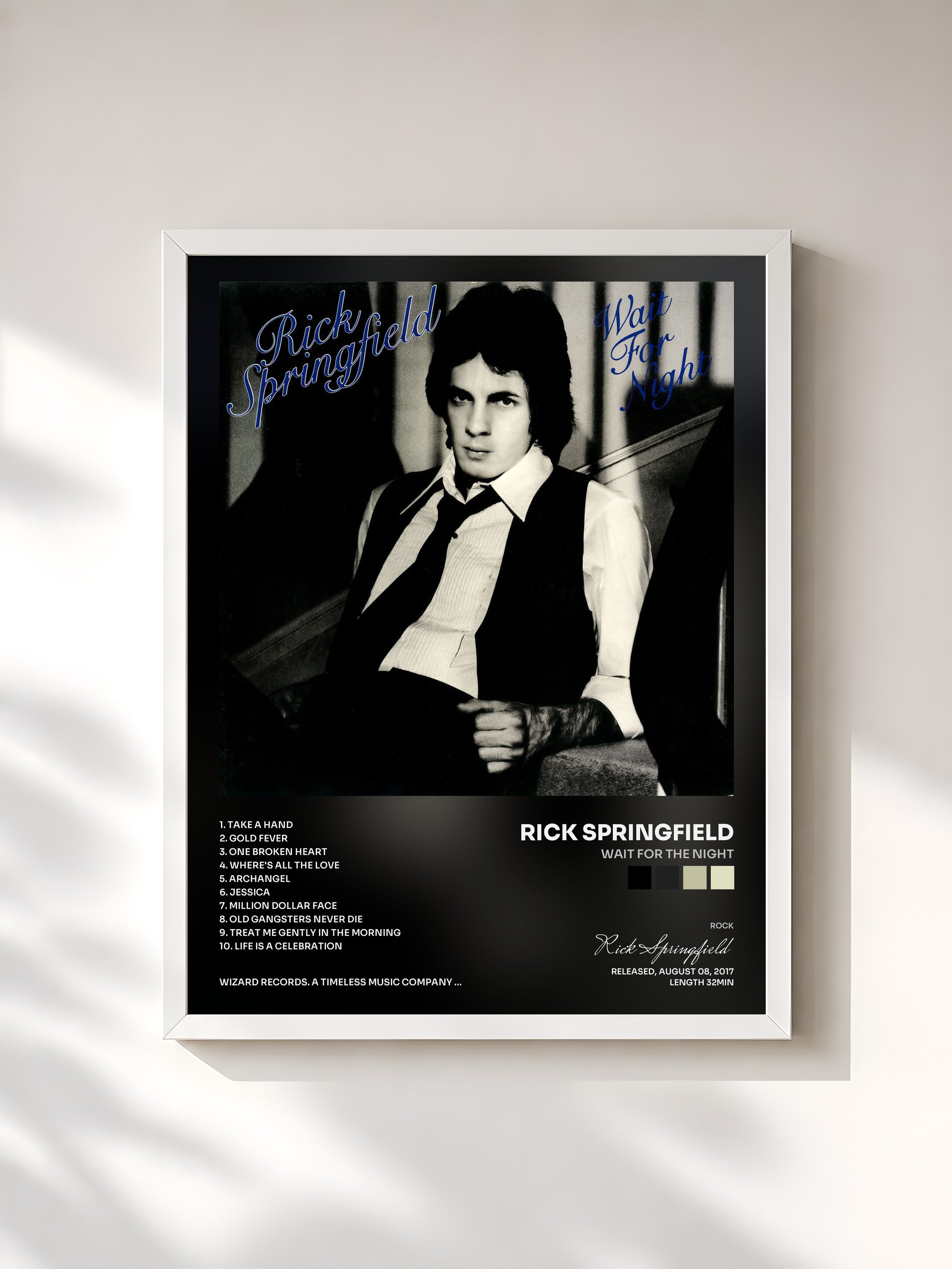 #blanc Tableau de l'album Wait for the Night de Rick Springfield, cadre blanc, imprimé et encadré en France