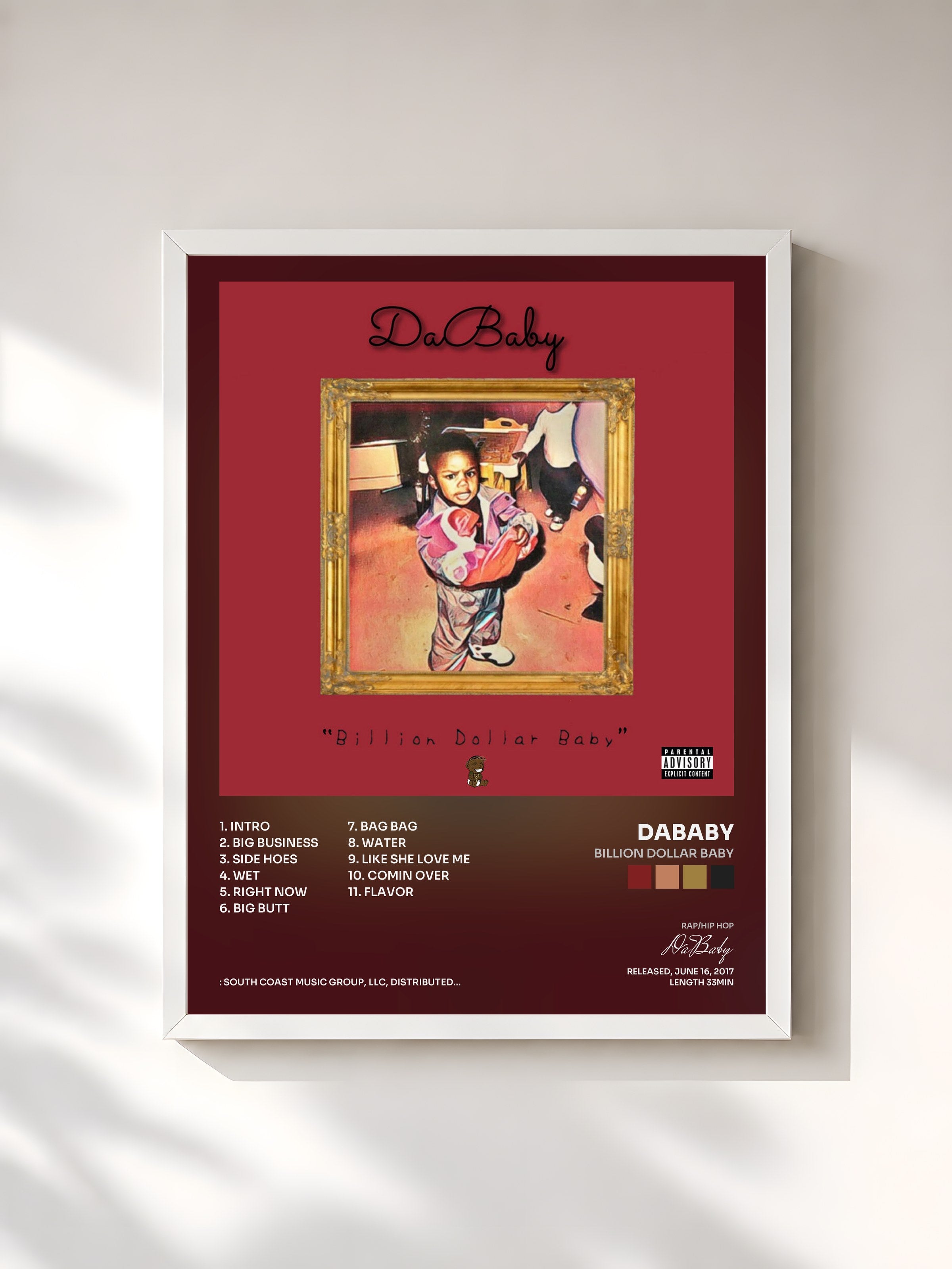#blanc Tableau de l'album Billion Dollar Baby de DaBaby, cadre blanc, imprimé et encadré en France