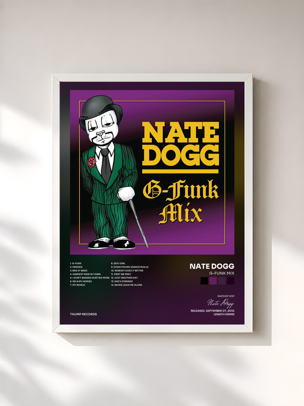 #blanc Tableau de l'album G-Funk Mix de Nate Dogg, cadre blanc, imprimé et encadré en France