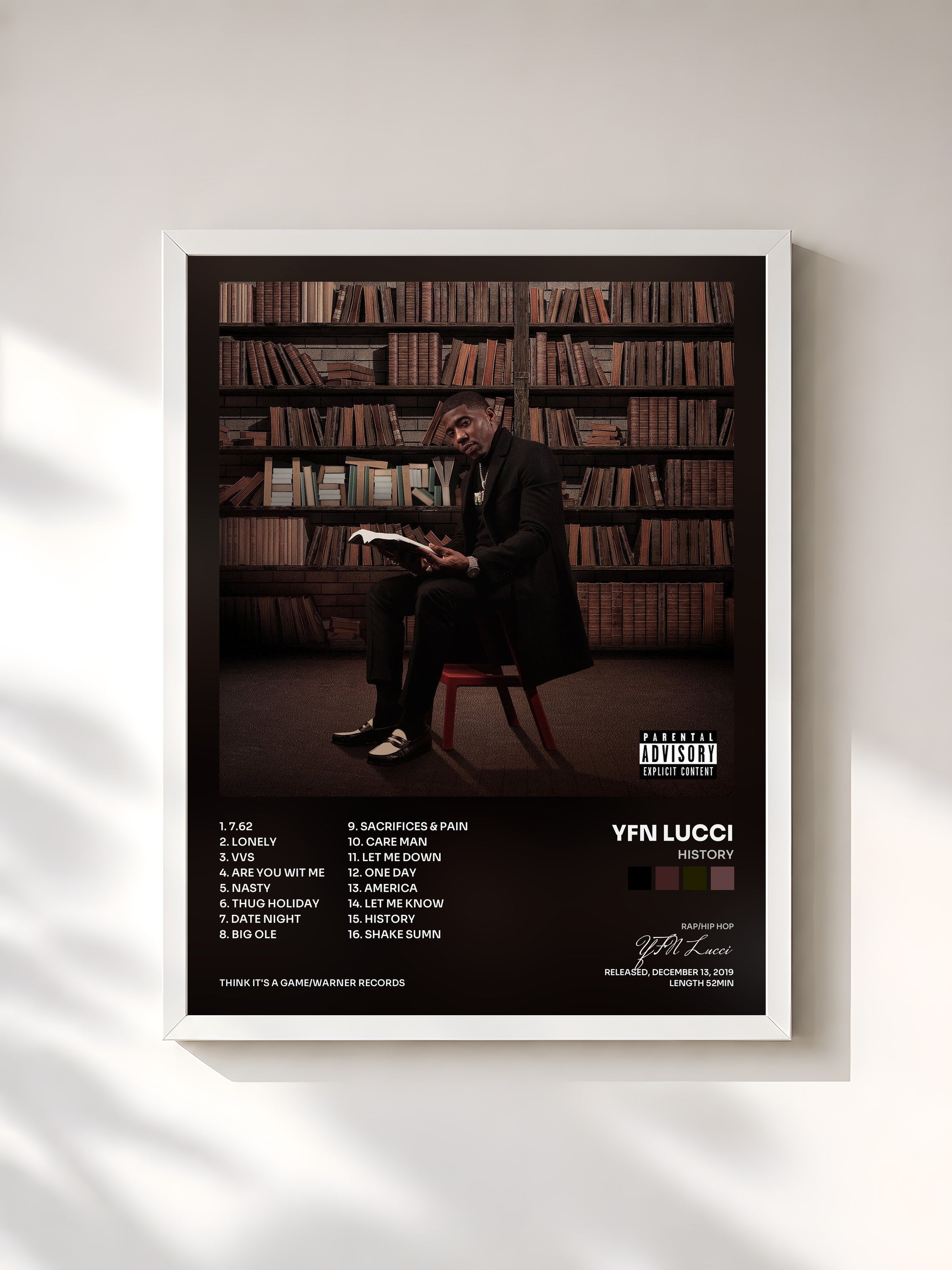 #blanc Tableau de l'album HIStory de YFN Lucci, cadre blanc, imprimé et encadré en France