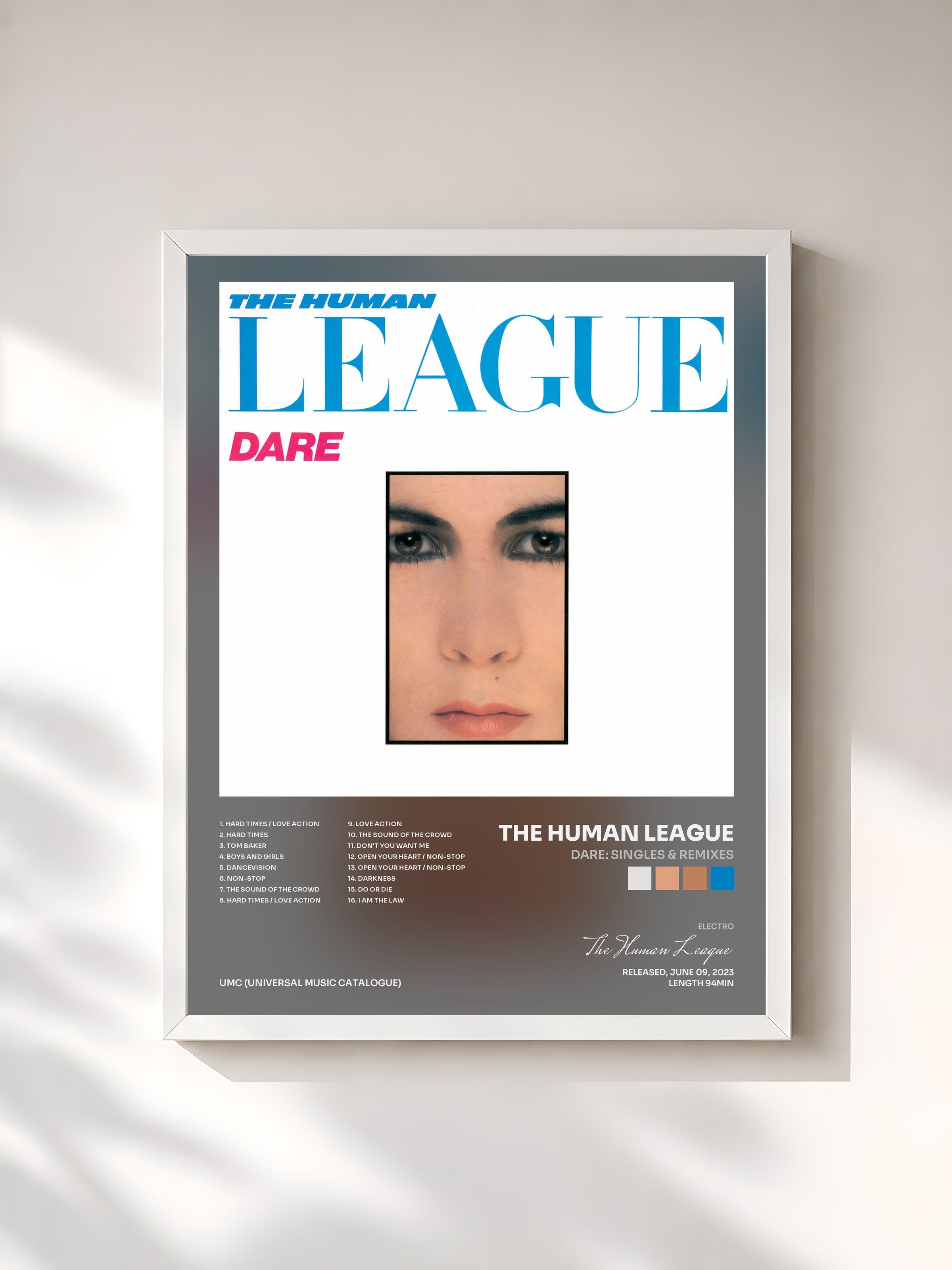 #blanc Tableau de l'album Dare: Singles & Remixes de The Human League, cadre blanc, imprimé et encadré en France