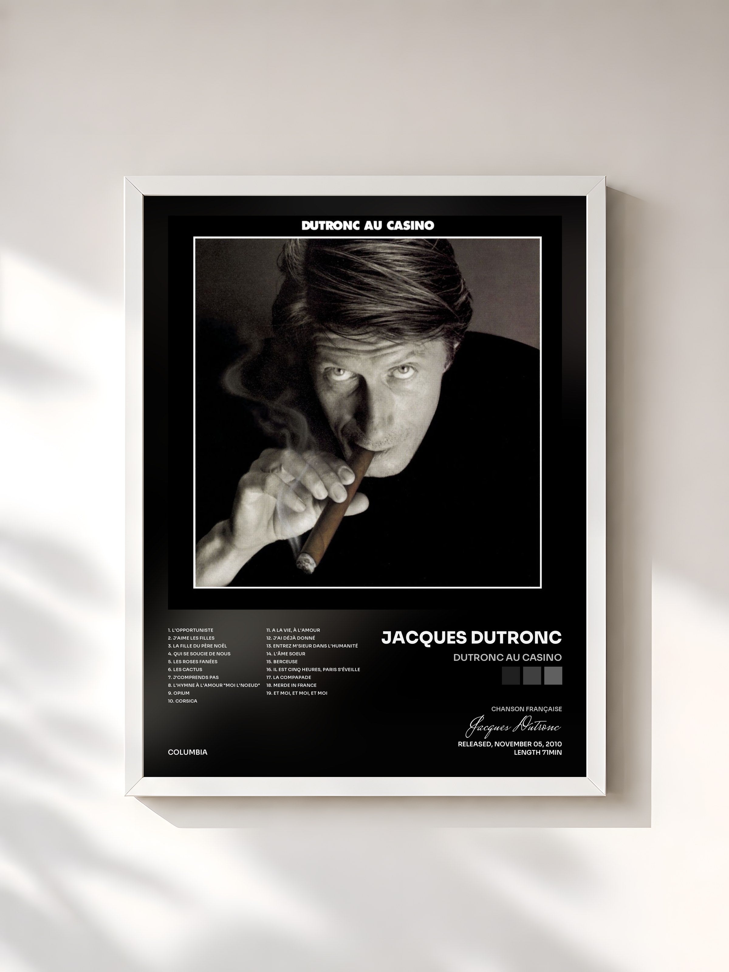 #blanc Tableau de l'album Dutronc au Casino de Jacques Dutronc, cadre blanc, imprimé et encadré en France