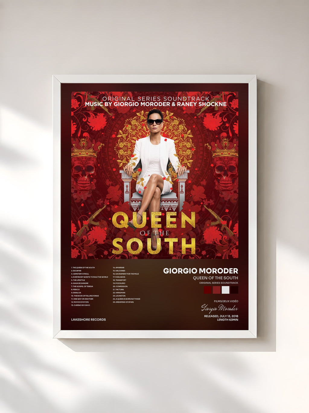 #blanc Queen of the South (Original Series Soundtrack) von Giorgio Moroder als gerahmter Kunstdruck, weißer Rahmen, gedruckt und gerahmt in Frankreich