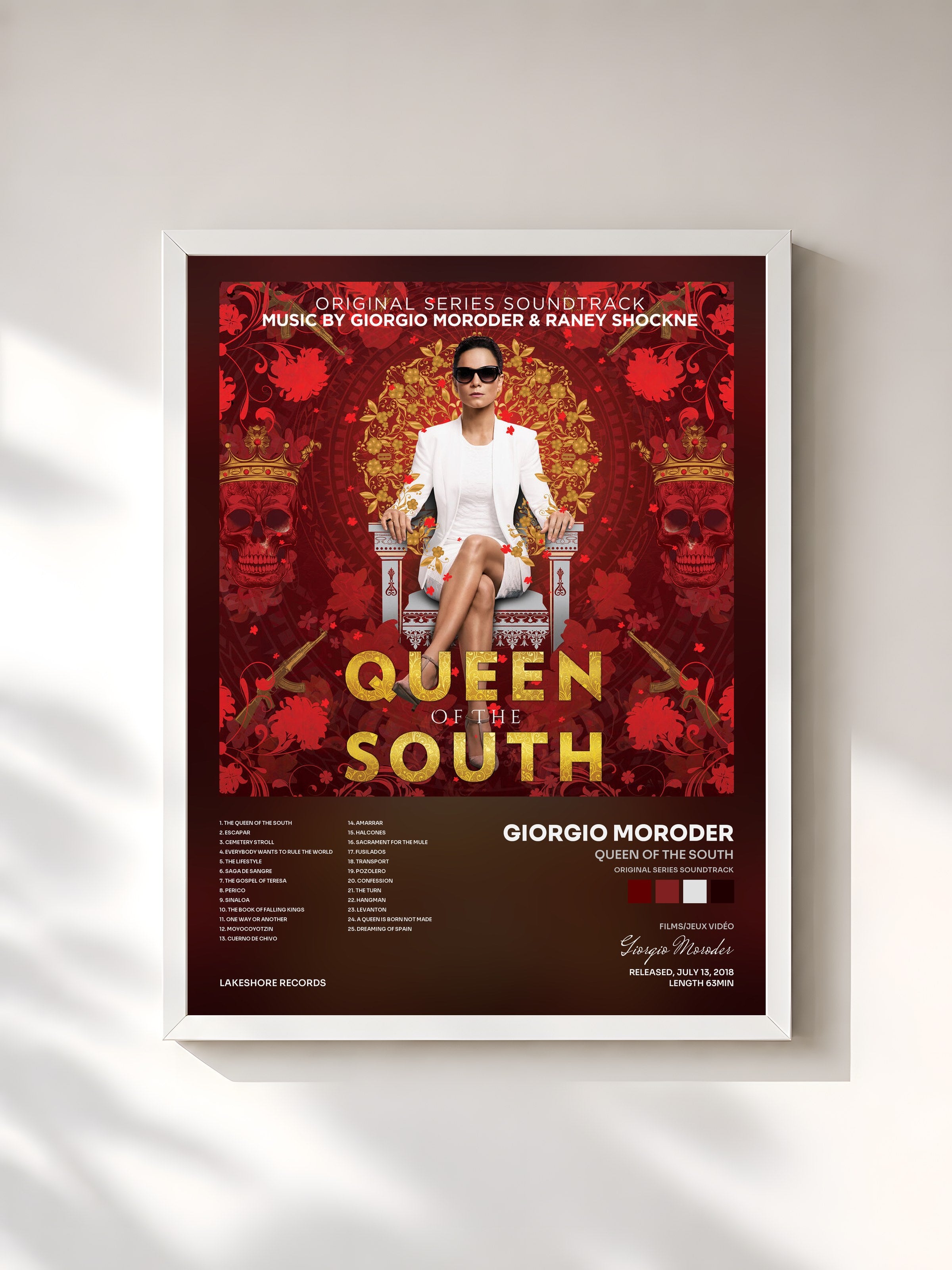 #blanc Tableau de l'album Queen of the South (Original Series Soundtrack) de Giorgio Moroder, cadre blanc, imprimé et encadré en France