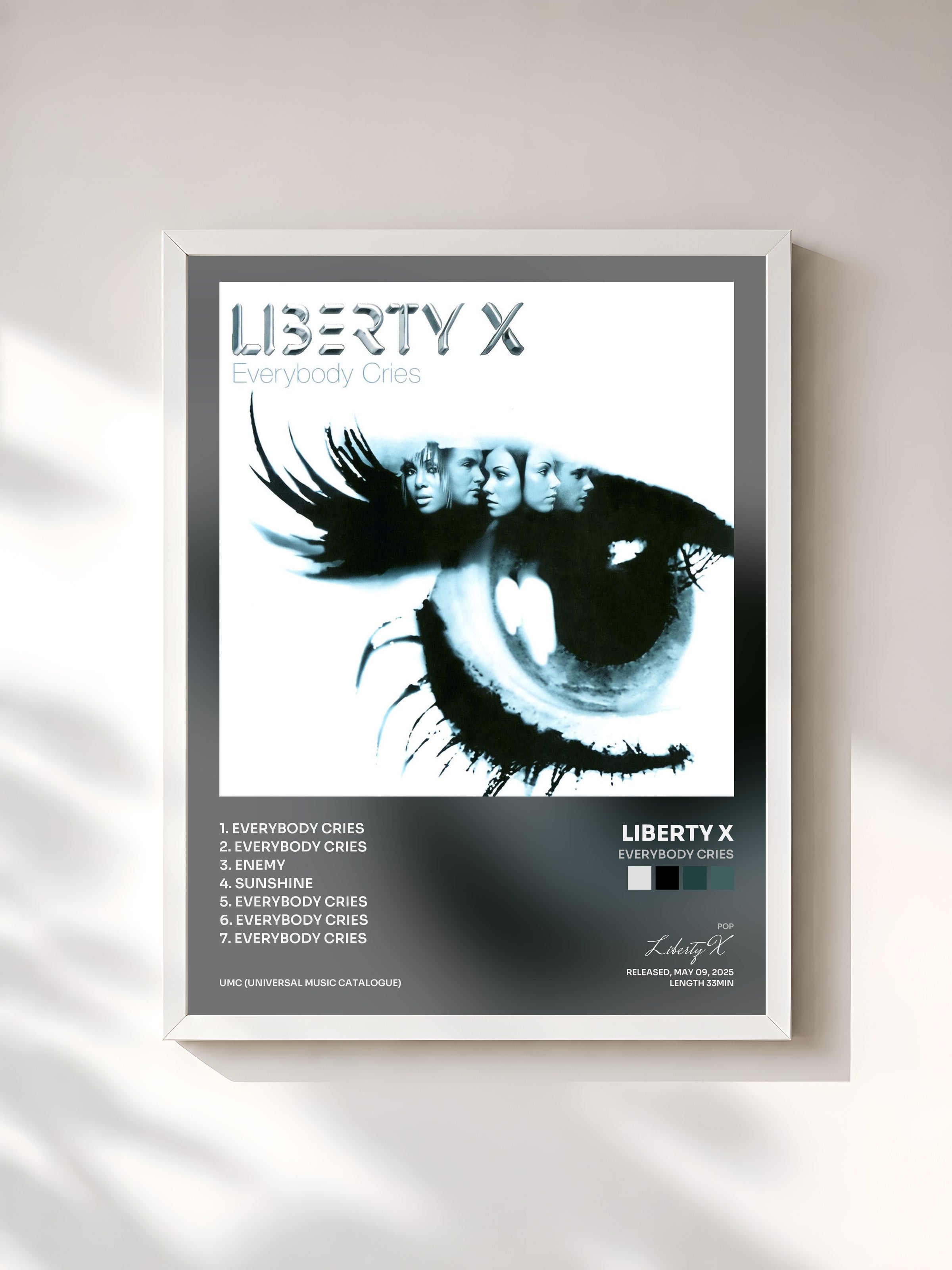 #blanc Tableau de l'album Everybody Cries de Liberty X, cadre blanc, imprimé et encadré en France