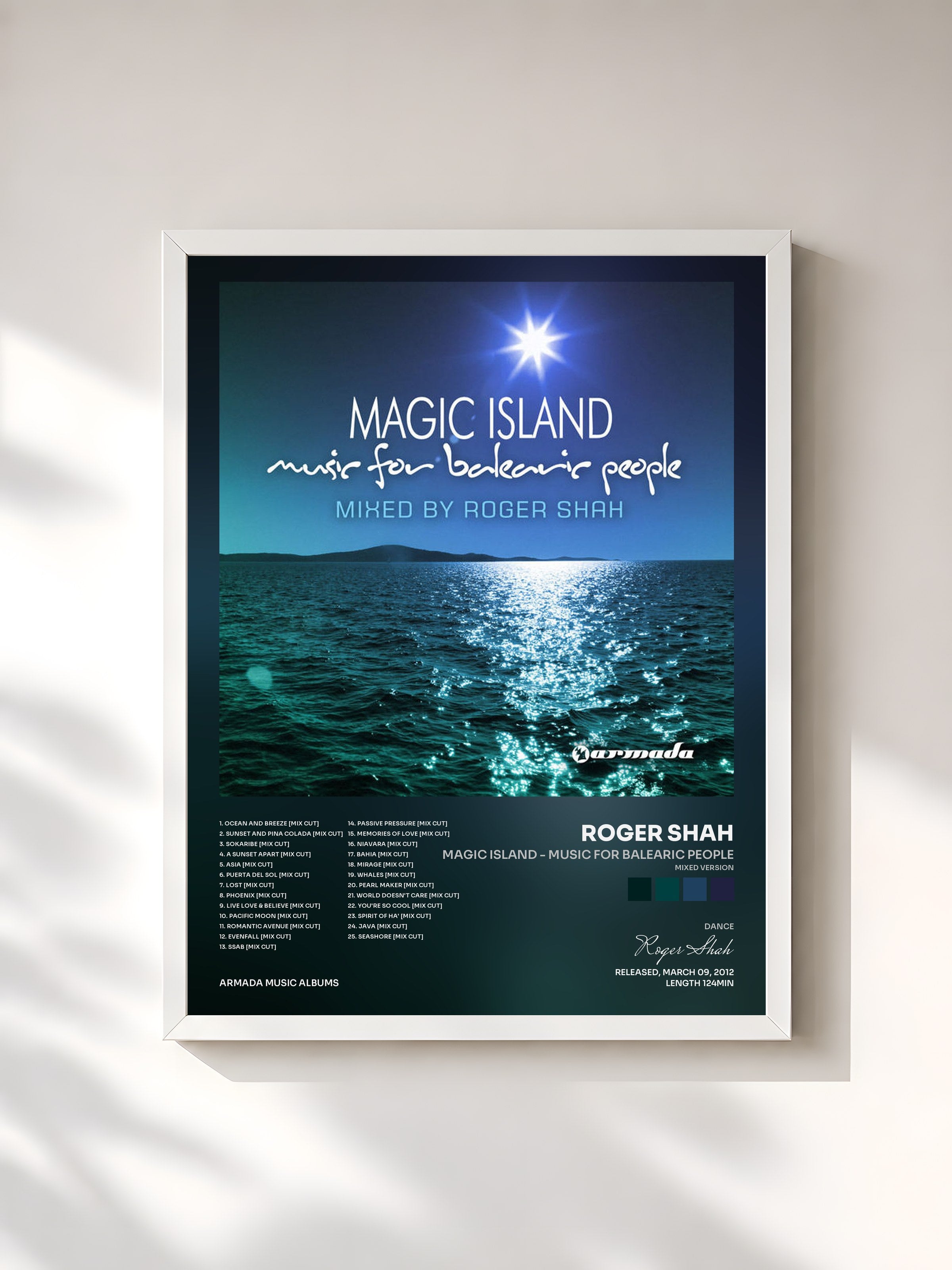#blanc Tableau de l'album Magic Island - Music For Balearic People (Mixed Version) de Roger Shah, cadre blanc, imprimé et encadré en France