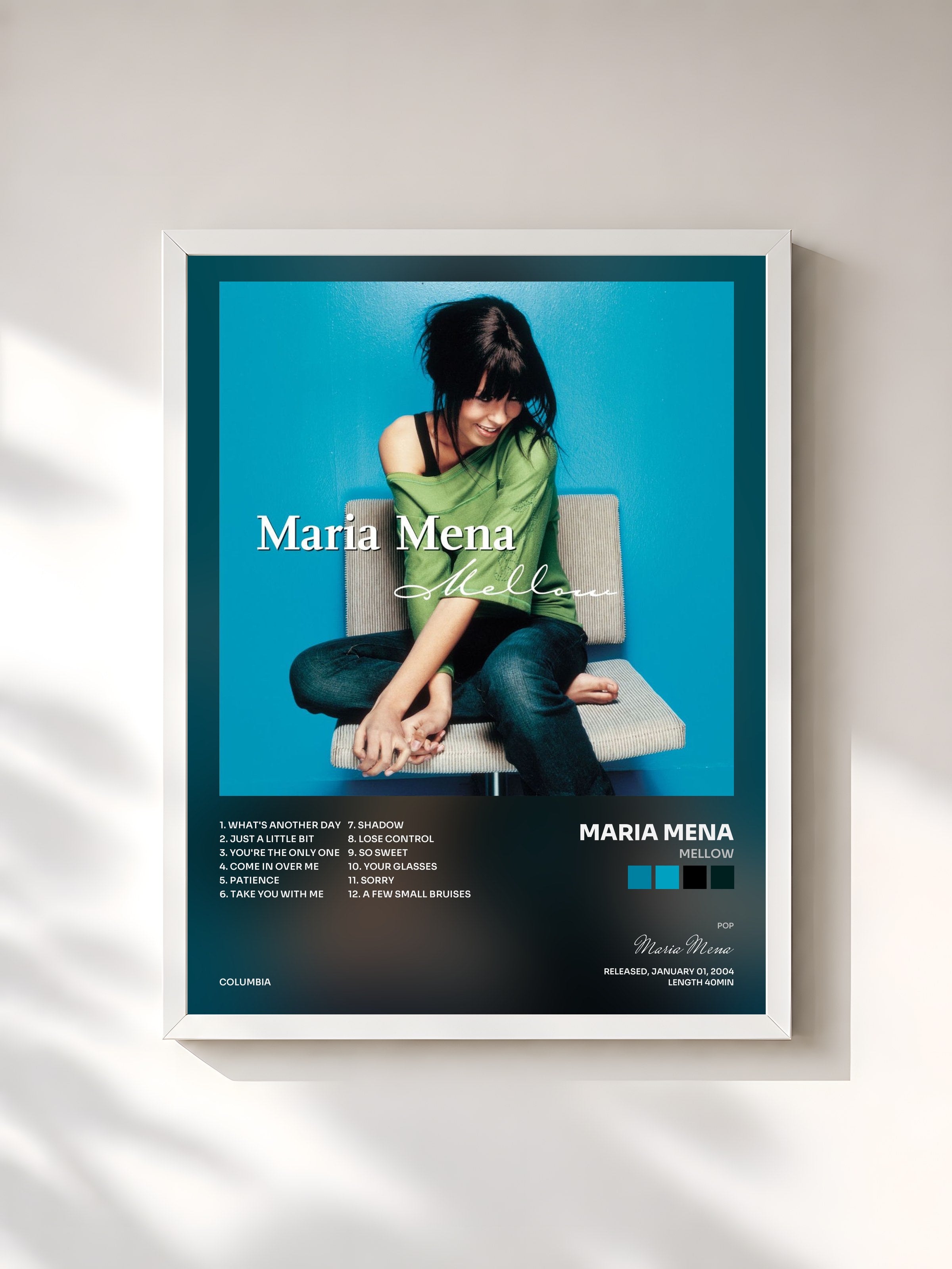 #blanc Tableau de l'album Mellow de Maria Mena, cadre blanc, imprimé et encadré en France