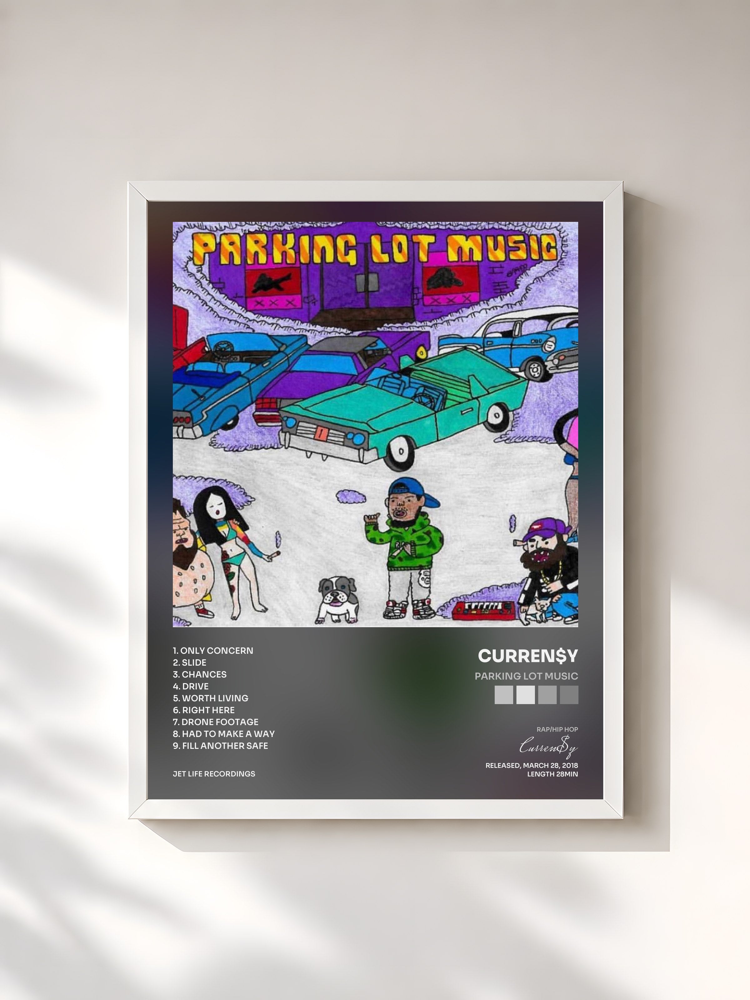 #blanc Tableau de l'album Parking Lot Music de Curren$y, cadre blanc, imprimé et encadré en France