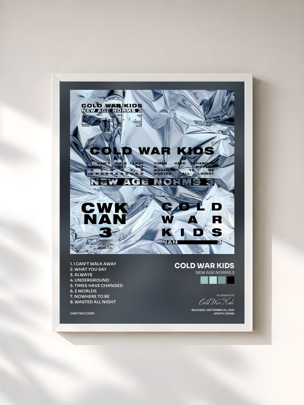 #blanc Tableau de l'album New Age Norms 3 de Cold War Kids, cadre blanc, imprimé et encadré en France